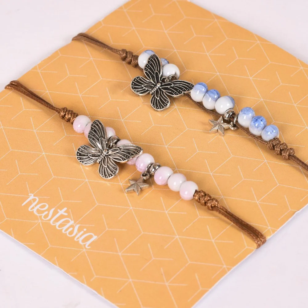 Set Of 2 Silver Butterfly Bracelets With Gradient Beads - Image 2