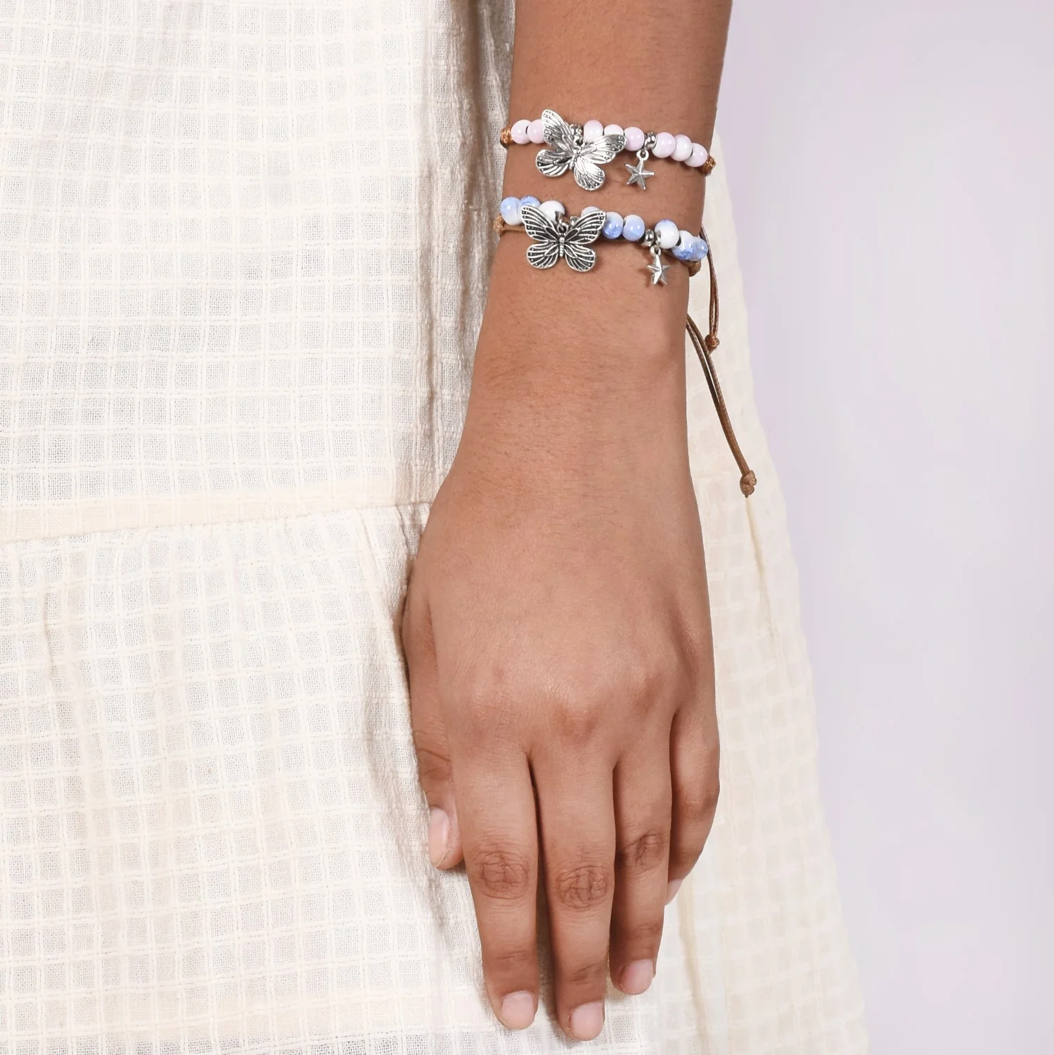 Set Of 2 Silver Butterfly Bracelets With Gradient Beads - Image 3