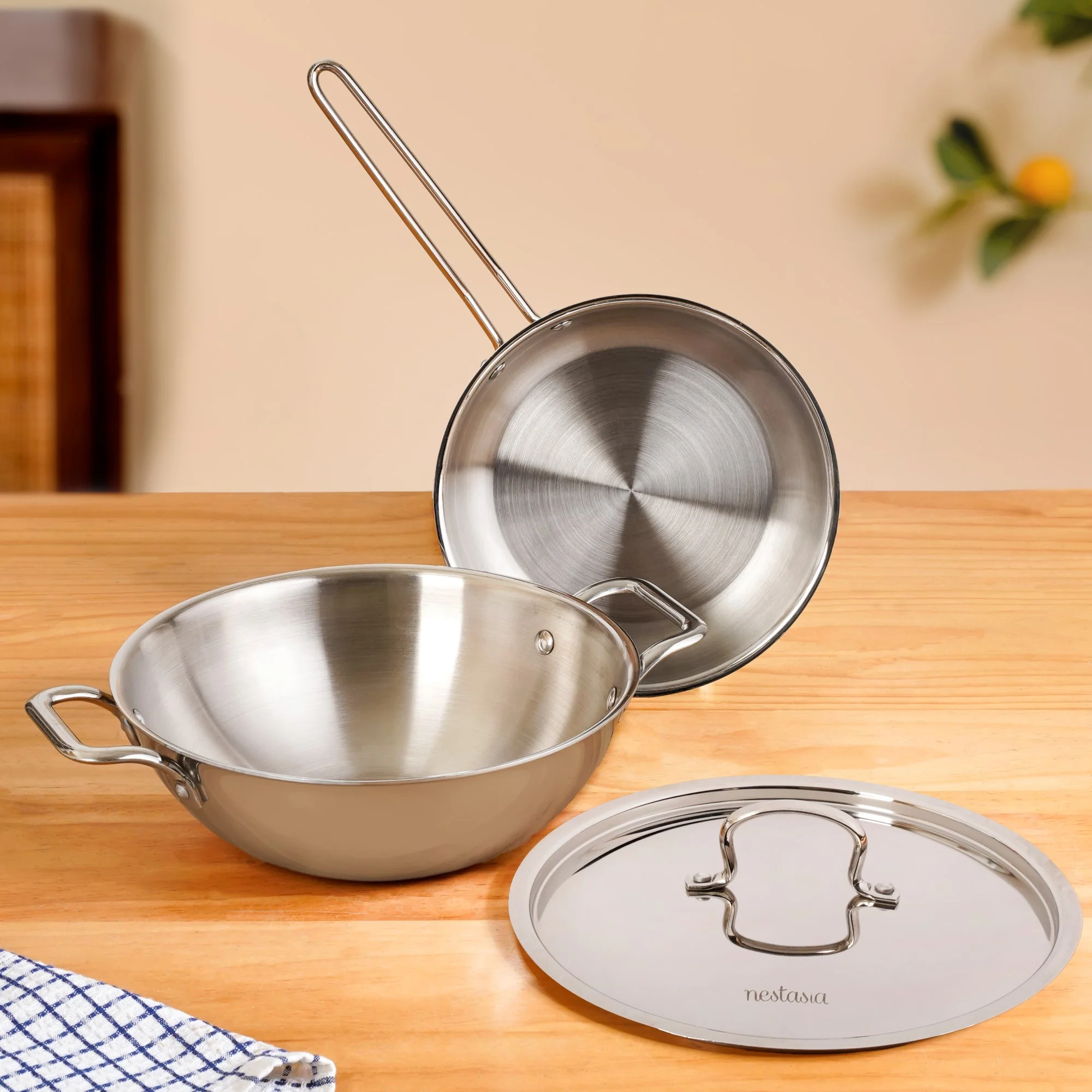 Set Of 2 Triply Stainless Steel Kadai With Lid And Frying Pan