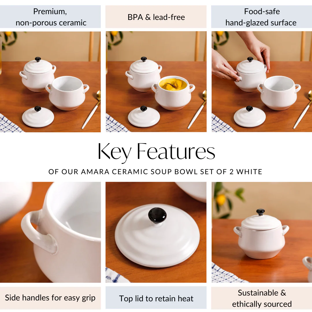 Set Of 2 White Amara Ceramic Noodle Soup Bowl 450ml - Image 5