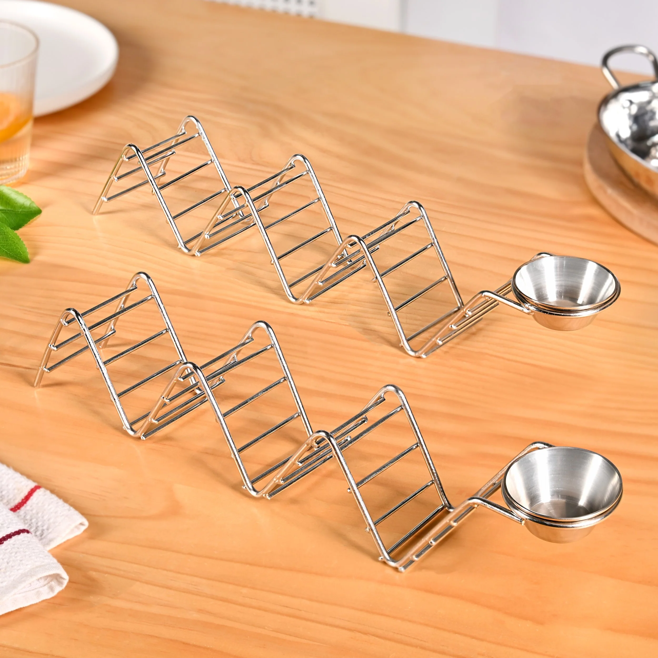 Set Of 2 Zig-Zag Stainless Steel Taco Holder With Dip Bowls - Image 2