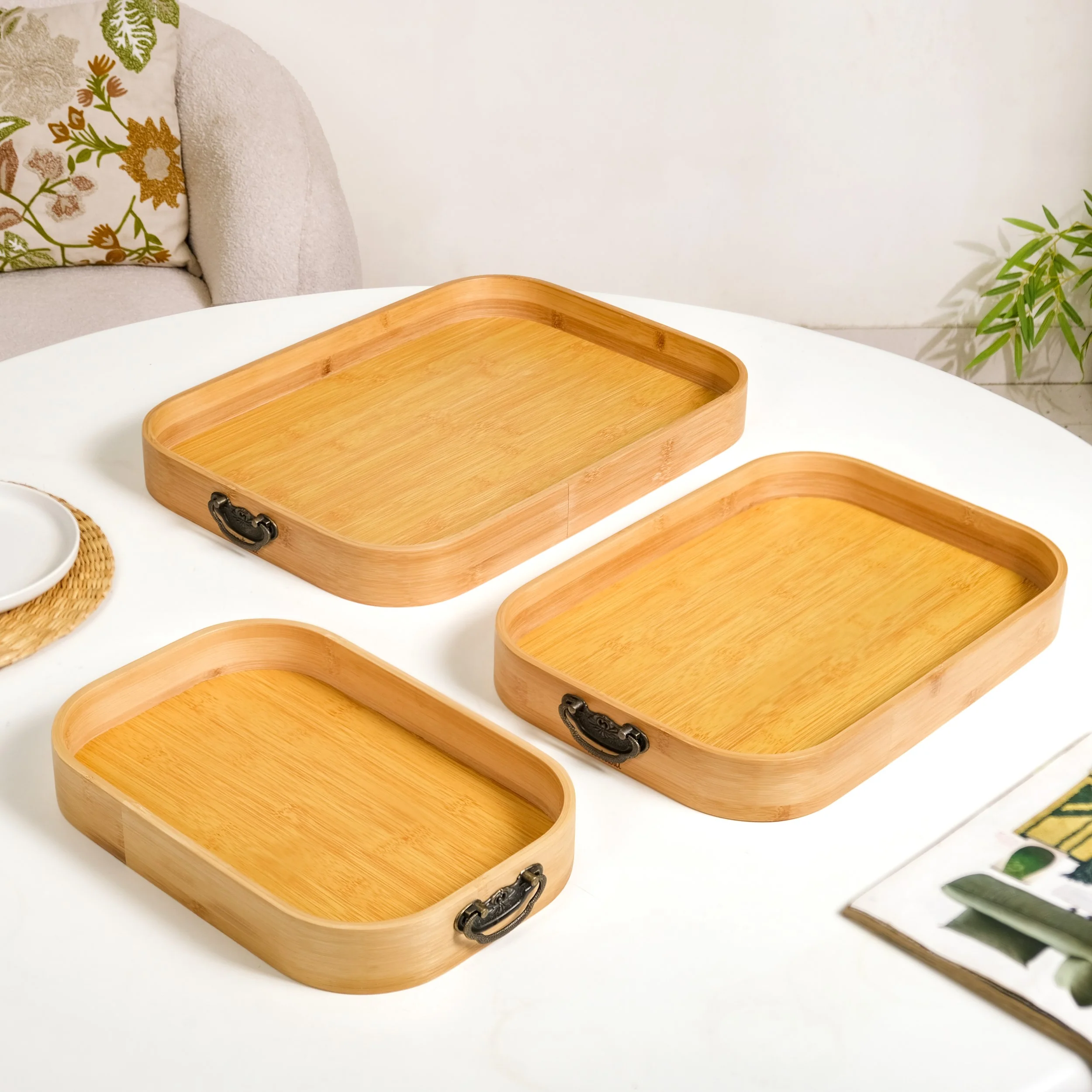 Set Of 3 Bamboo Wood Serving Trays With Handles - Image 11