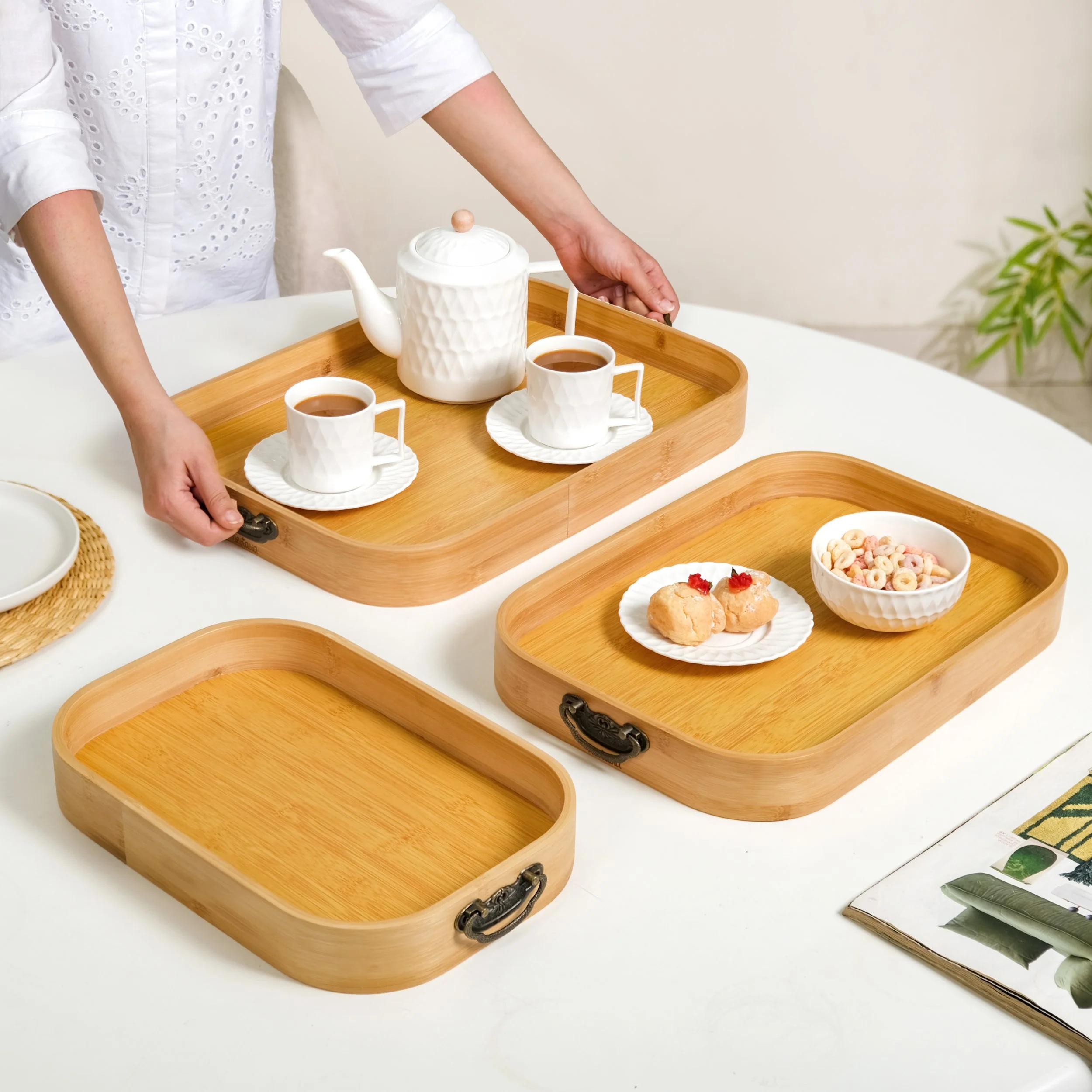 Set Of 3 Bamboo Wood Serving Trays With Handles - Image 3