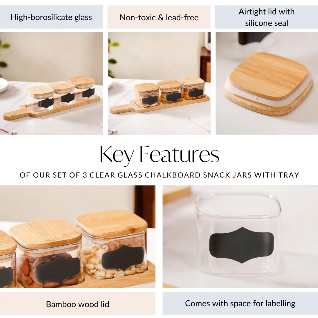 Set Of 3 Clear Glass Chalkboard Snack Serving Jars With Tray 350ml - Image 5