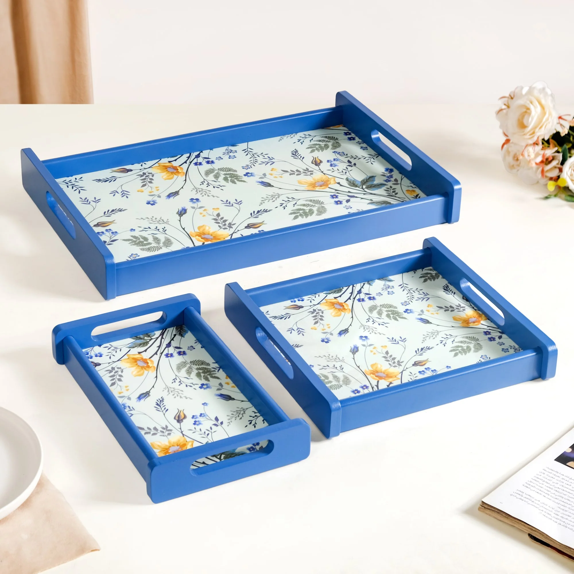 Set Of 3 Flower Field Wooden Serving Trays - Image 3