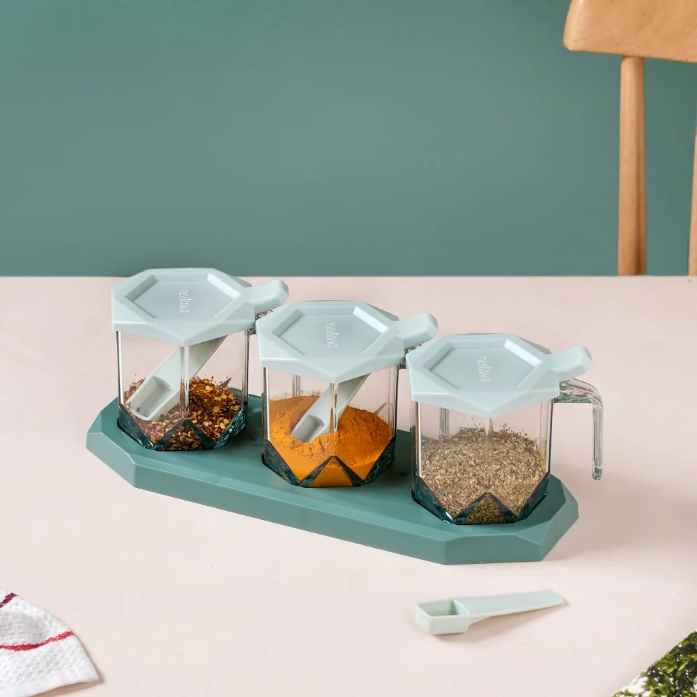 Set of 3 Spice Jars With Spoons Green - Image 3