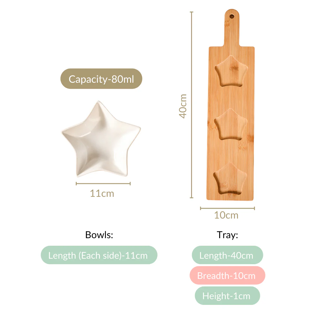 Set Of 3 White Star Ceramic Bowls With Wooden Tray 80ml - Image 4
