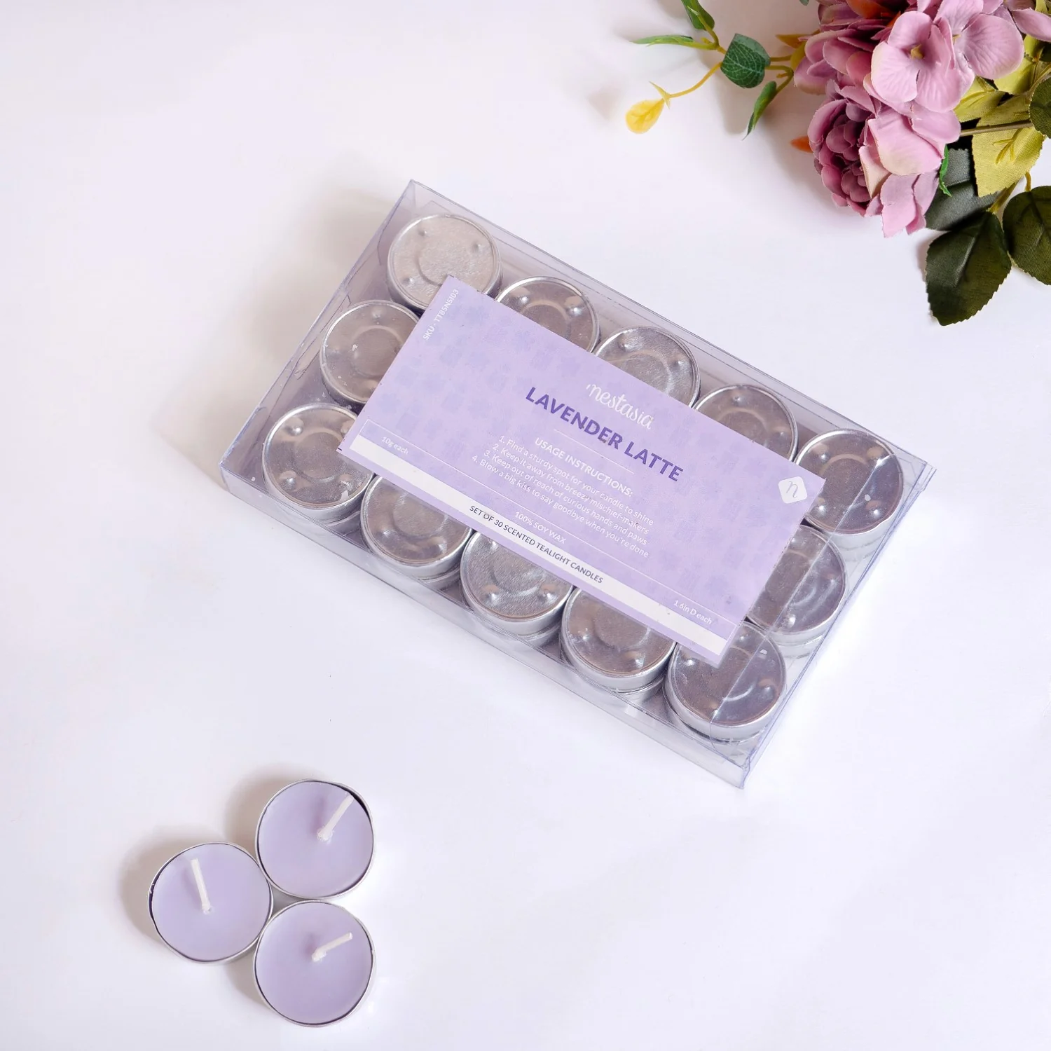 Set Of 30 Lavender Latte Scented Tealights For Home Decor - Image 3