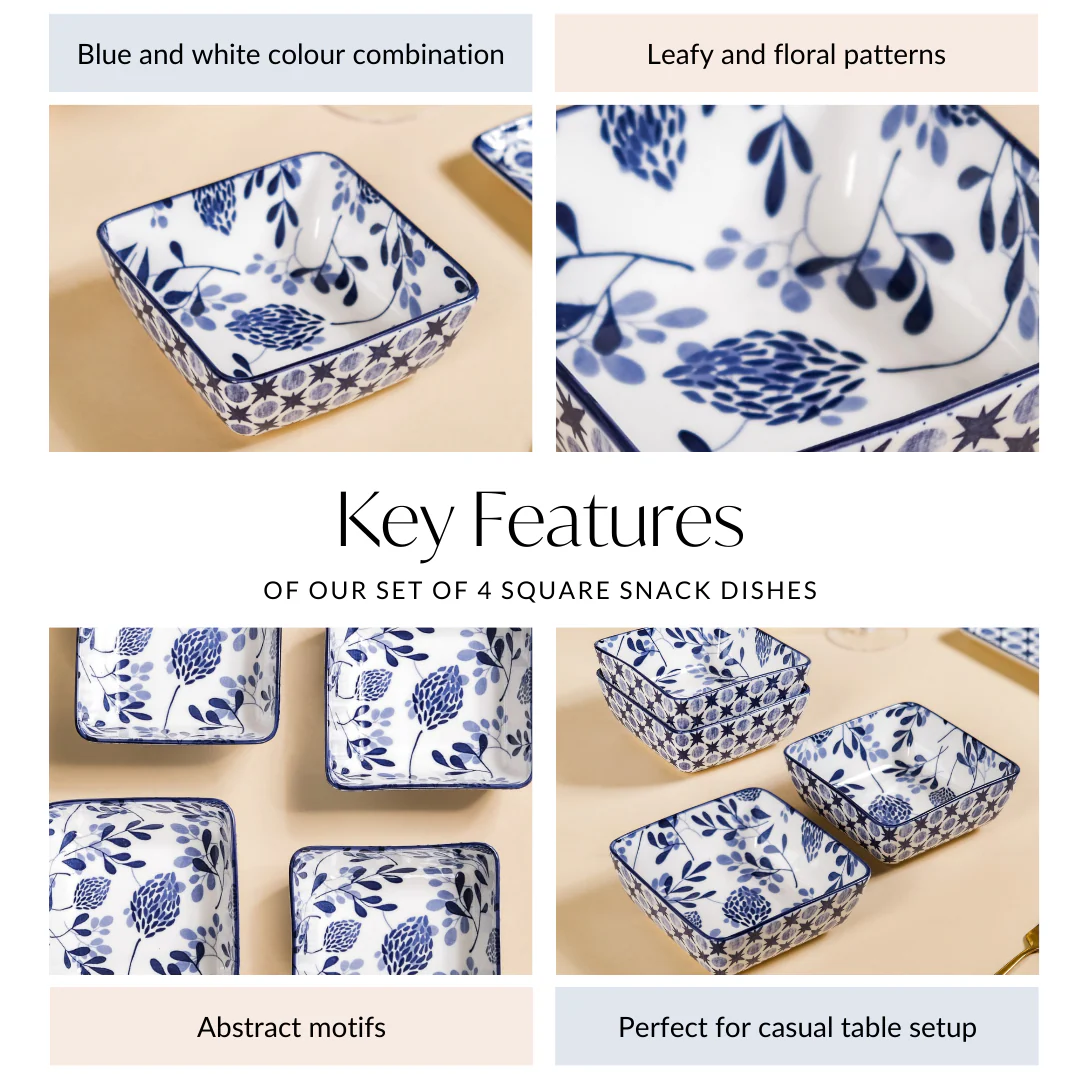 Set Of 4 Blue Blossom Square Snack Bowls 600ml - Image 4