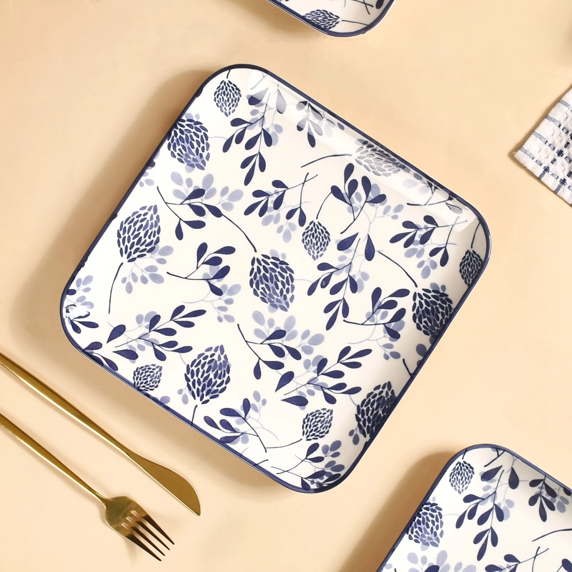 Set Of 4 Blue Ceramic Square Dinner Plates 9x9 Inch - Image 3