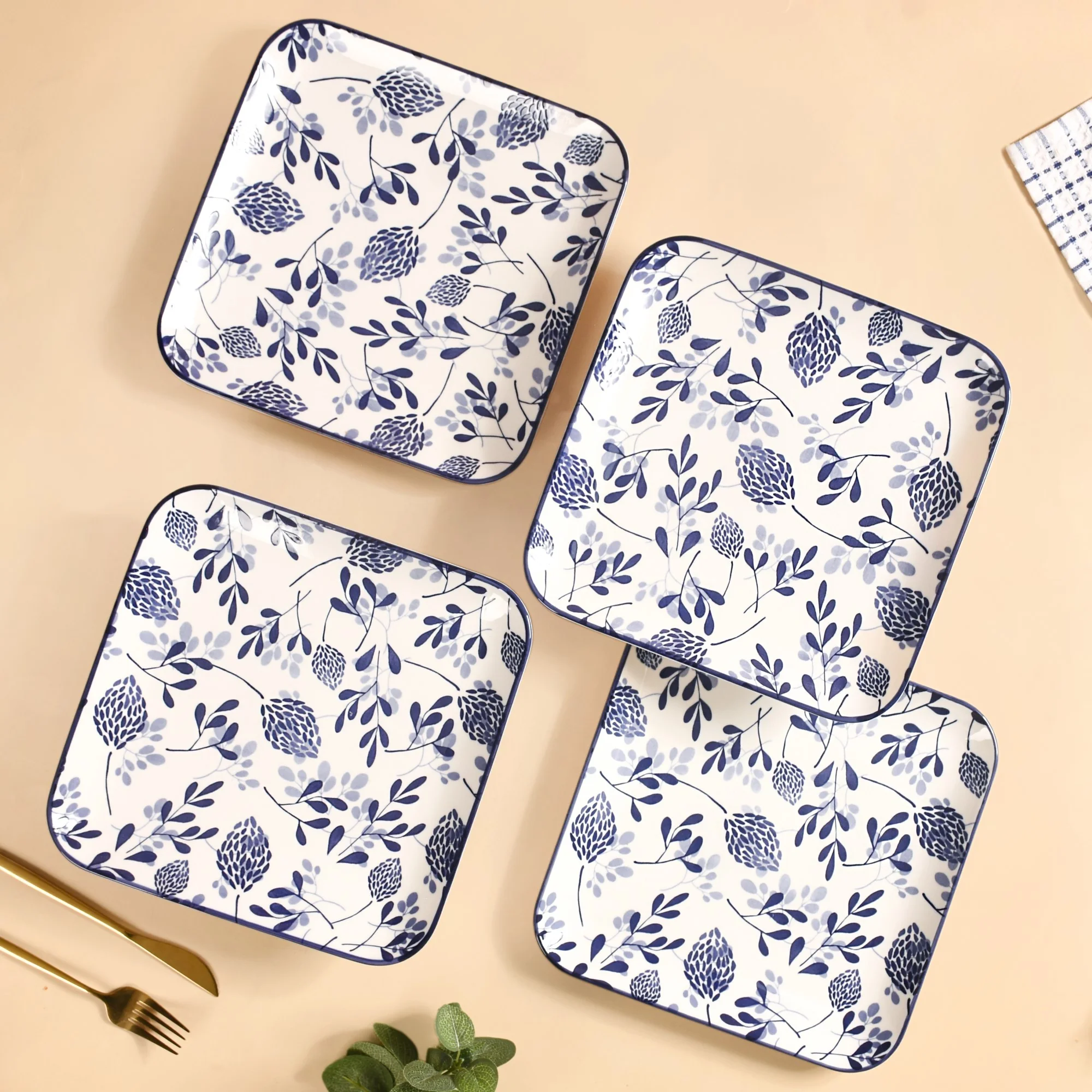 Set Of 4 Blue Ceramic Square Dinner Plates 9x9 Inch - Image 6