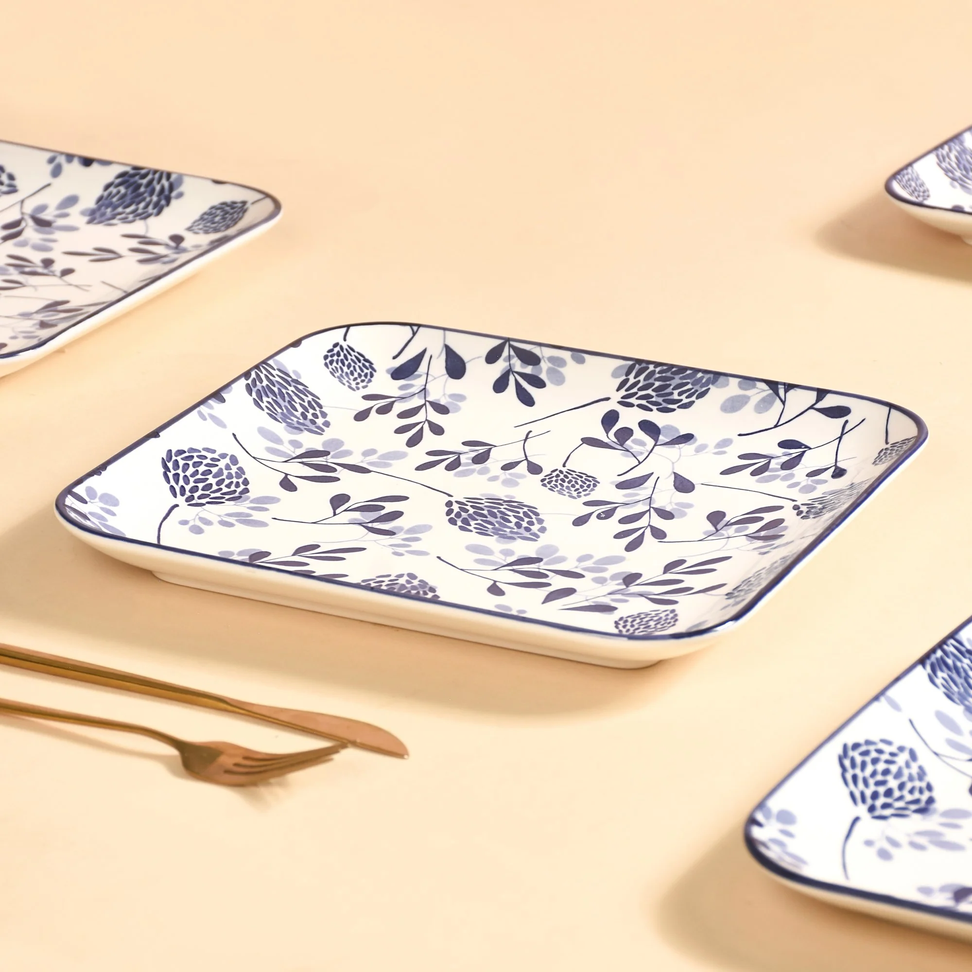 Set Of 4 Blue Ceramic Square Dinner Plates 9x9 Inch - Image 7
