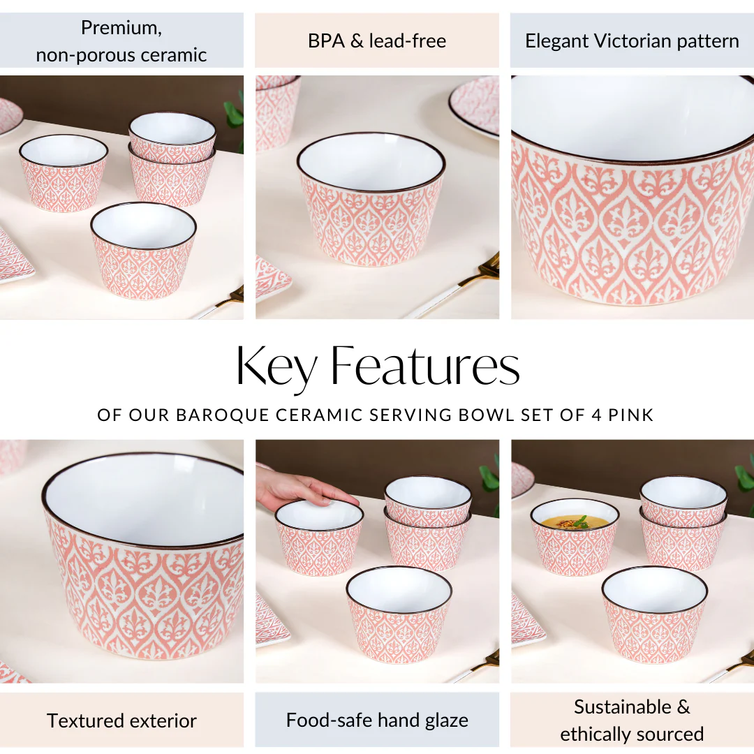Set Of 4 Ceramic Baroque Serving Bowl Pink 650ml - Image 5