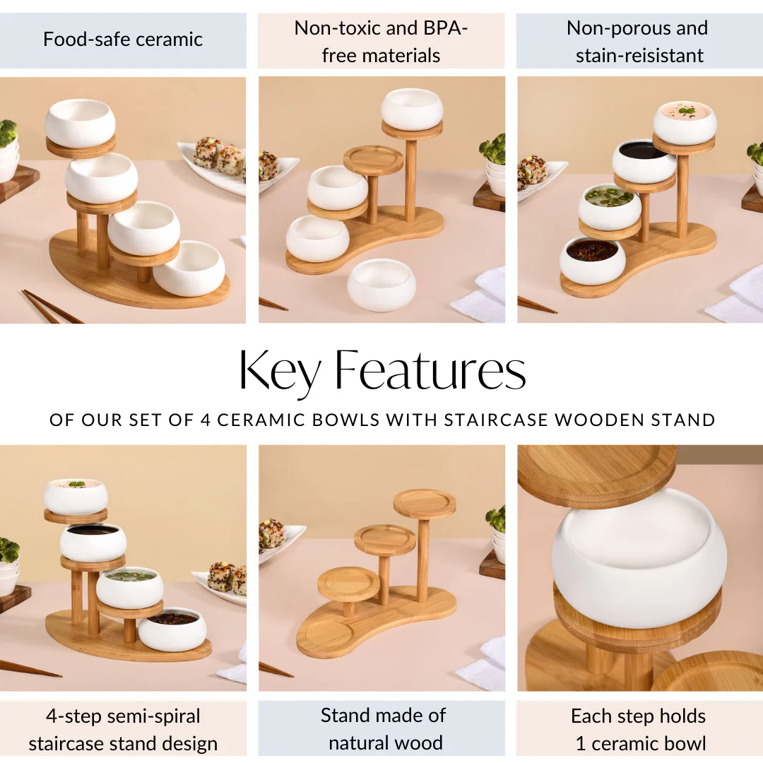 Set Of 4 Ceramic Bowls With Staircase Wooden Stand - Image 5