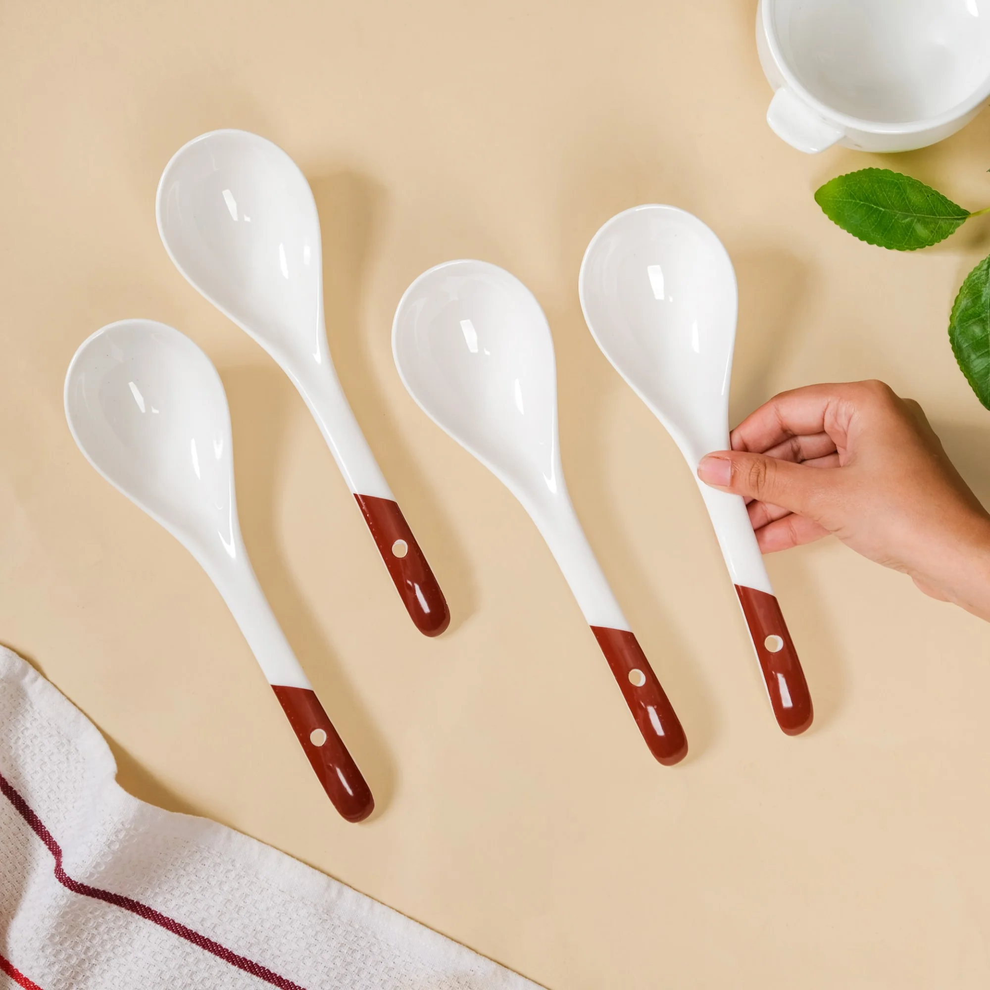 Set Of 4 Ceramic Serving Spoons White And Brown - Image 2