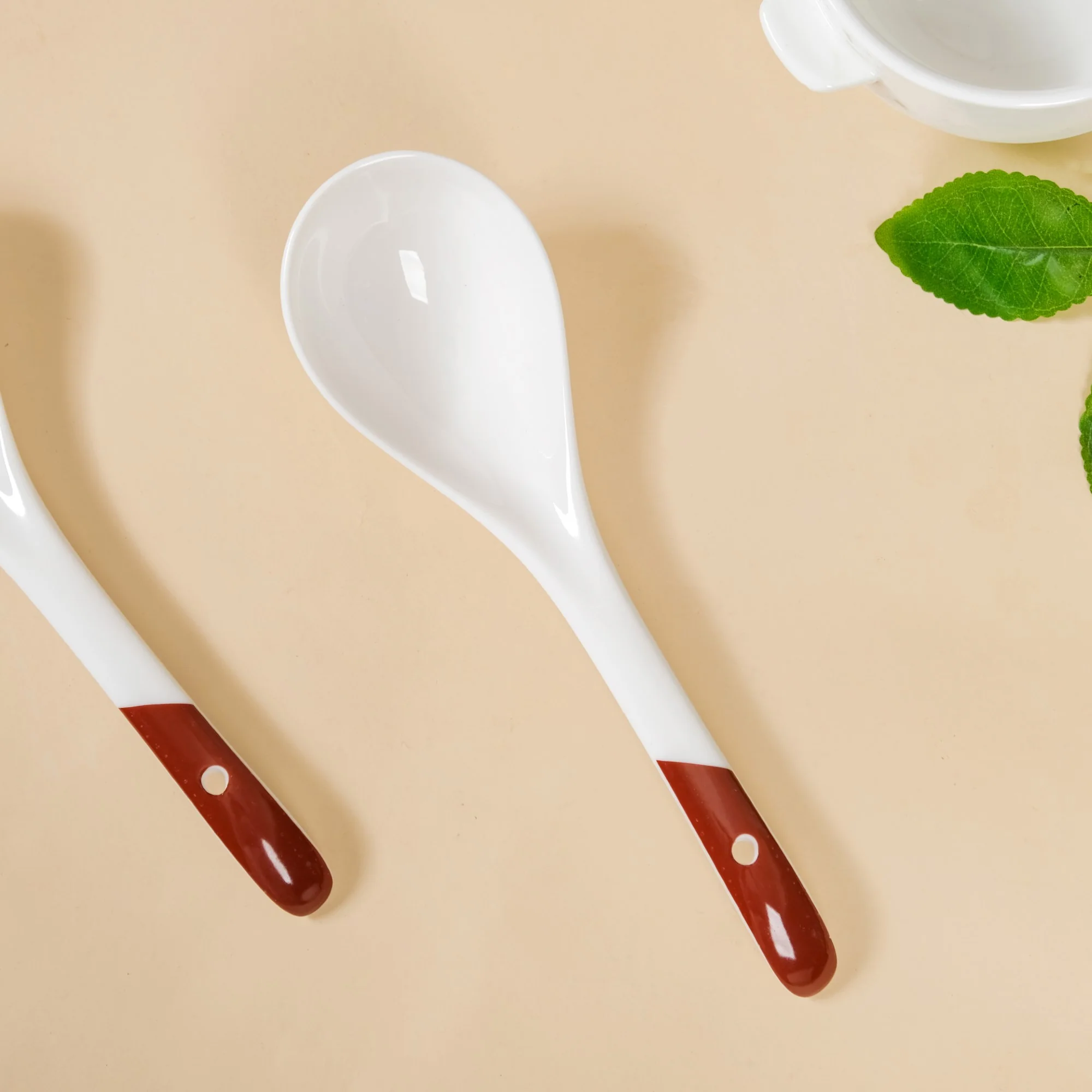 Set Of 4 Ceramic Serving Spoons White And Brown - Image 3