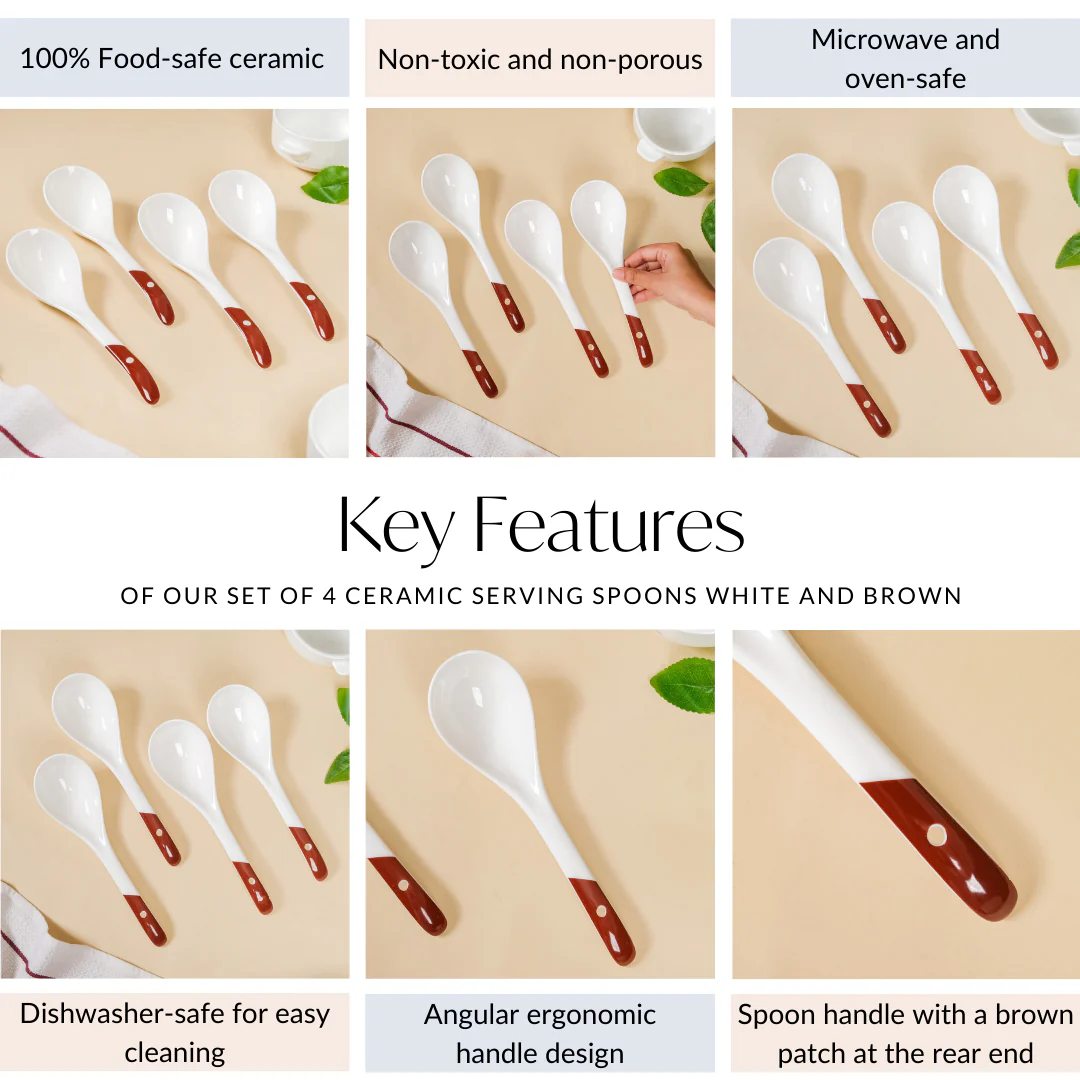 Set Of 4 Ceramic Serving Spoons White And Brown - Image 5