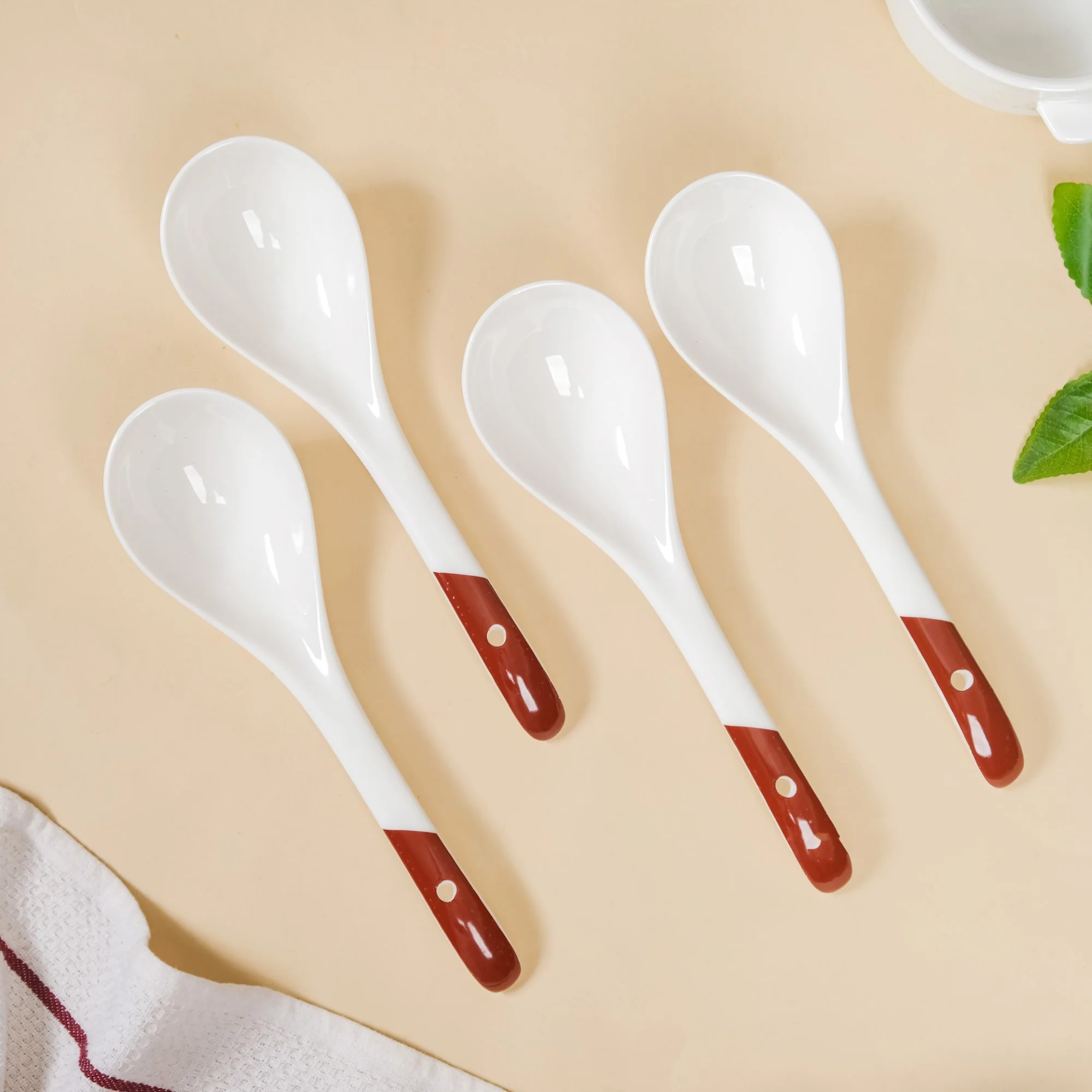 Set Of 4 Ceramic Serving Spoons White And Brown - Image 7
