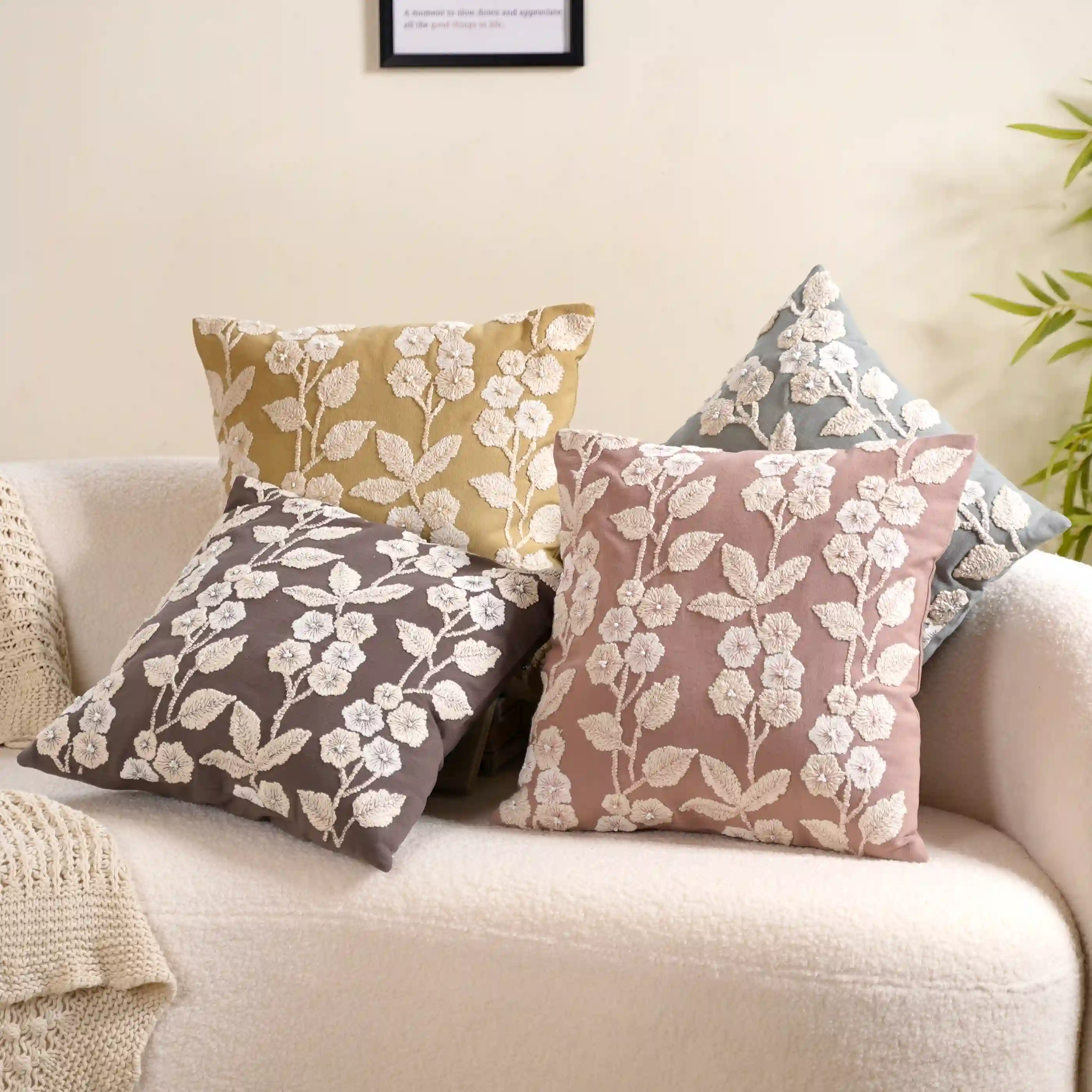 Set Of 4 Colourful Floral Embroidered Cushion Cover 16x16 Inch - Image 2