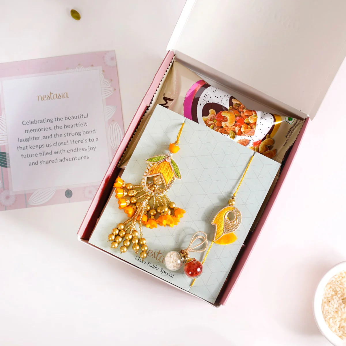 Set Of 4 Couple Yellow Rakhi And Lumba Gift Box - Image 2