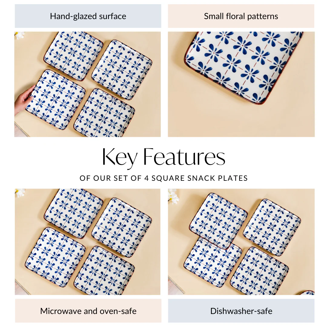 Set Of 4 Flower Blue Square Snack Plates 7 Inch - Image 5