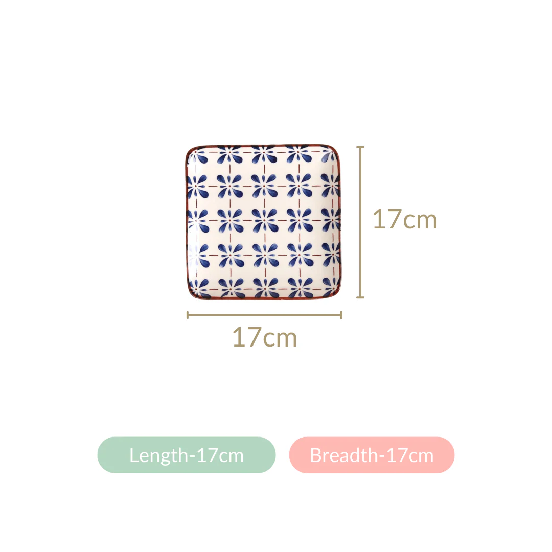 Set Of 4 Flower Blue Square Snack Plates 7 Inch - Image 6