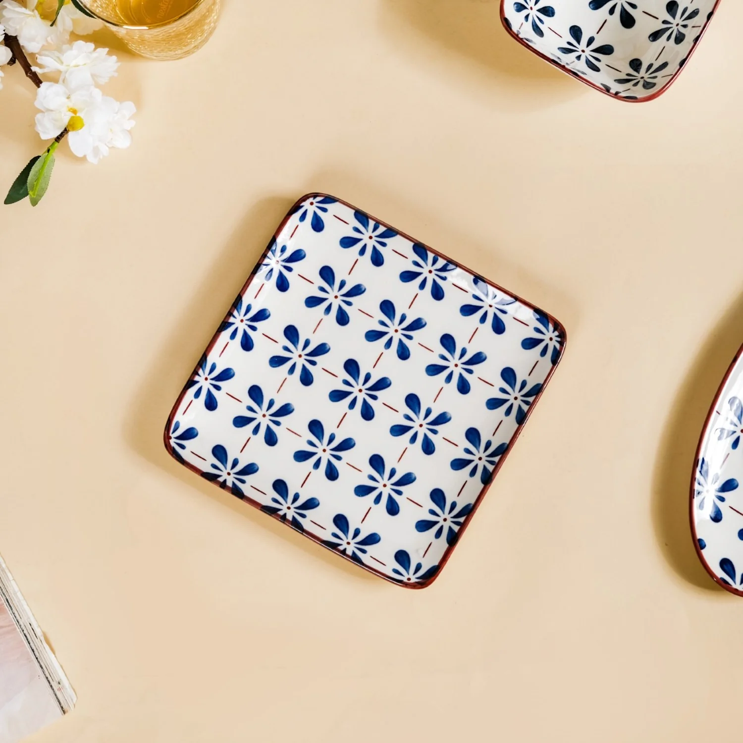 Set Of 4 Flower Blue Square Snack Plates 7 Inch - Image 8