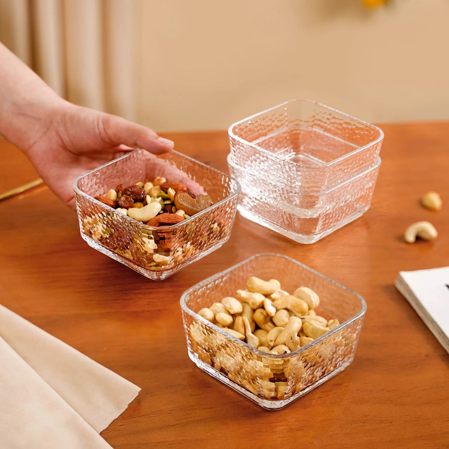 Set Of 4 Glass Bowls Square Textured 300ml - Image 2