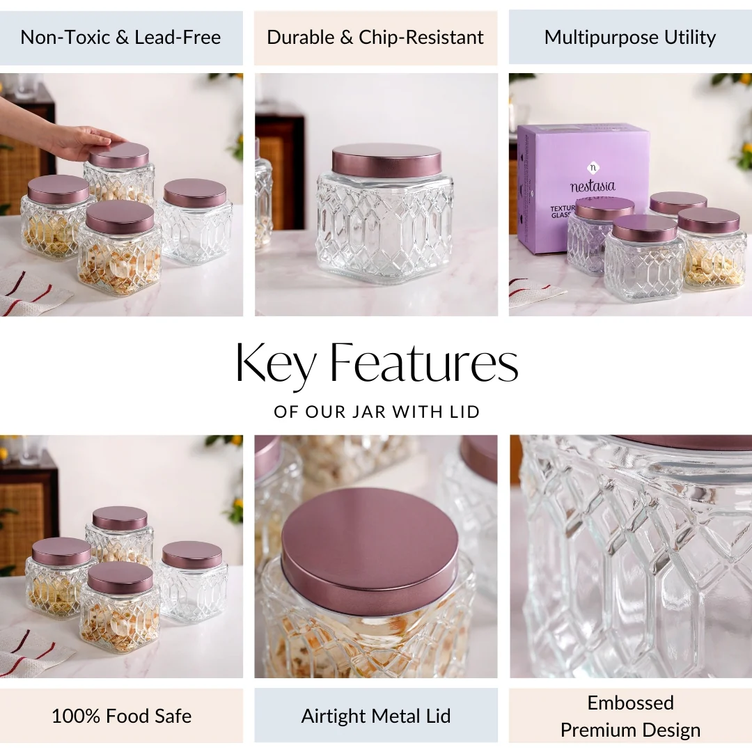 Set Of 4 Kitchen Square Glass Jars With Metal Lid 850ml - Image 4