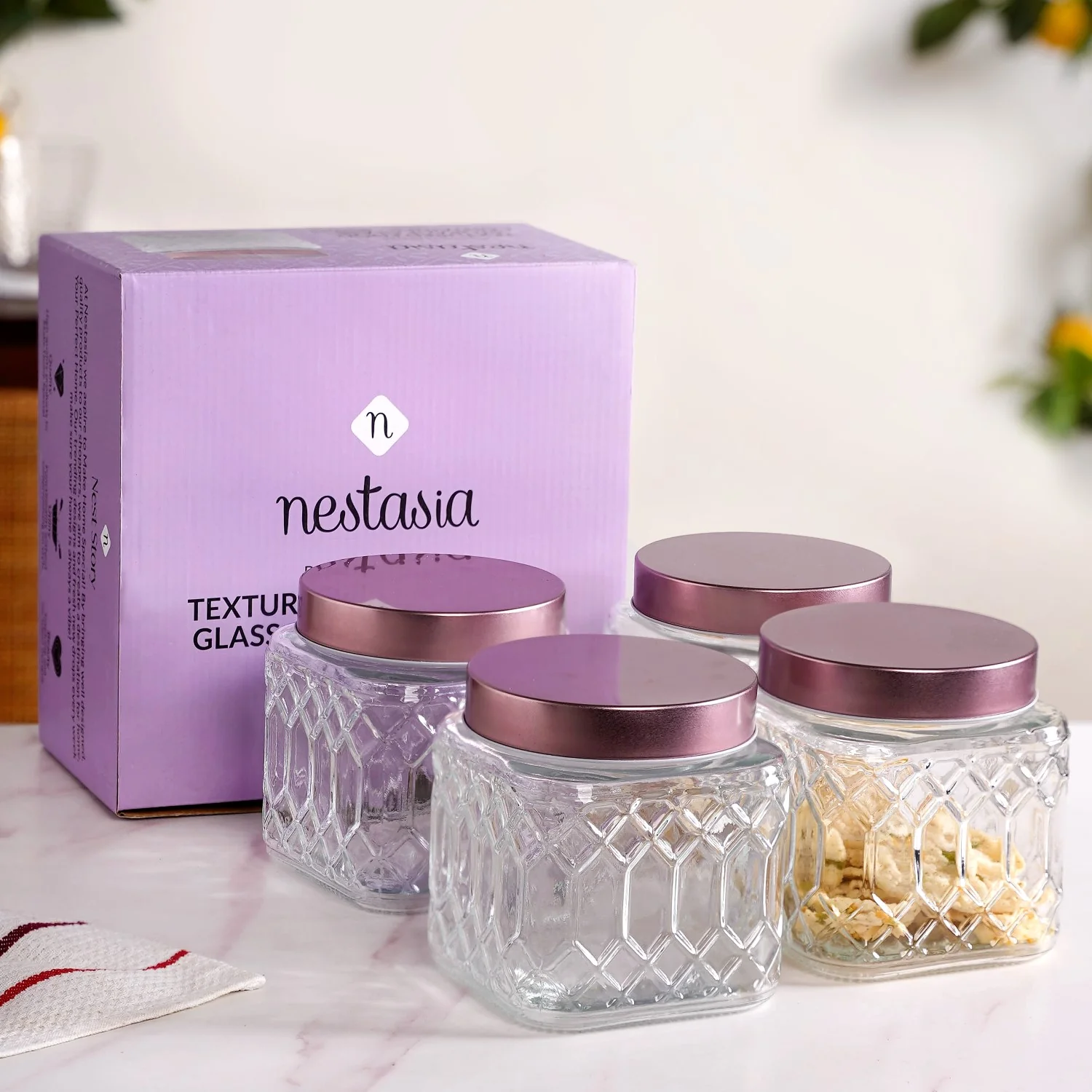 Set Of 4 Kitchen Square Glass Jars With Metal Lid 850ml - Image 9