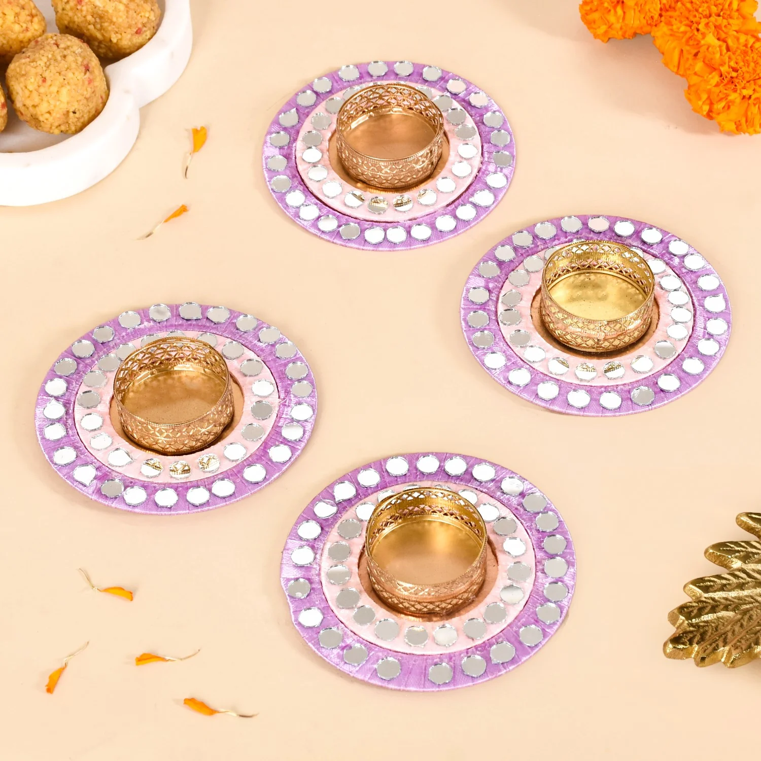 Set Of 4 Lavender Tealight Holders With Mirror Embellishment - Image 8