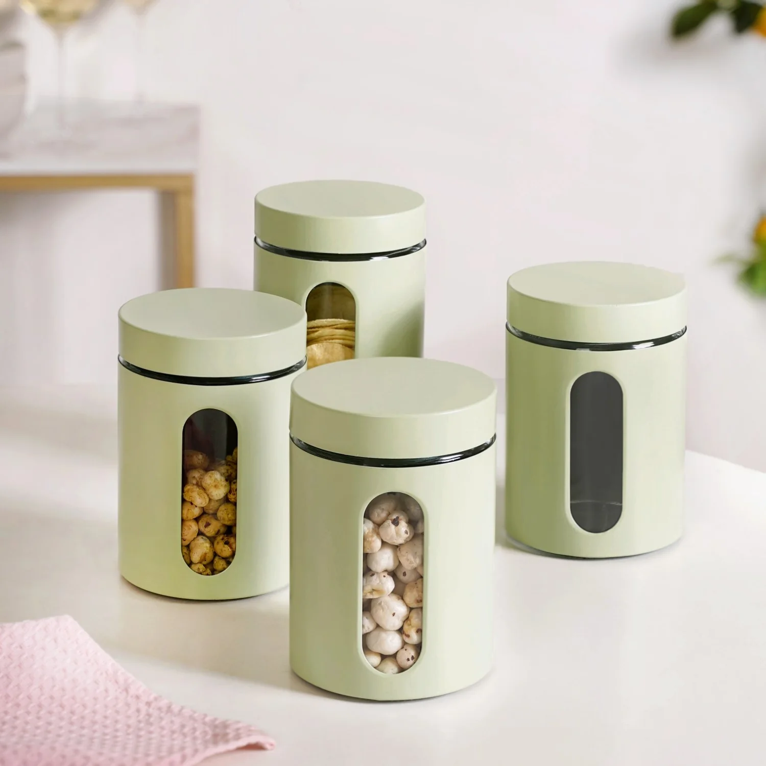 Set Of 4 Metal Canister With Glass Window Jar 1200ml