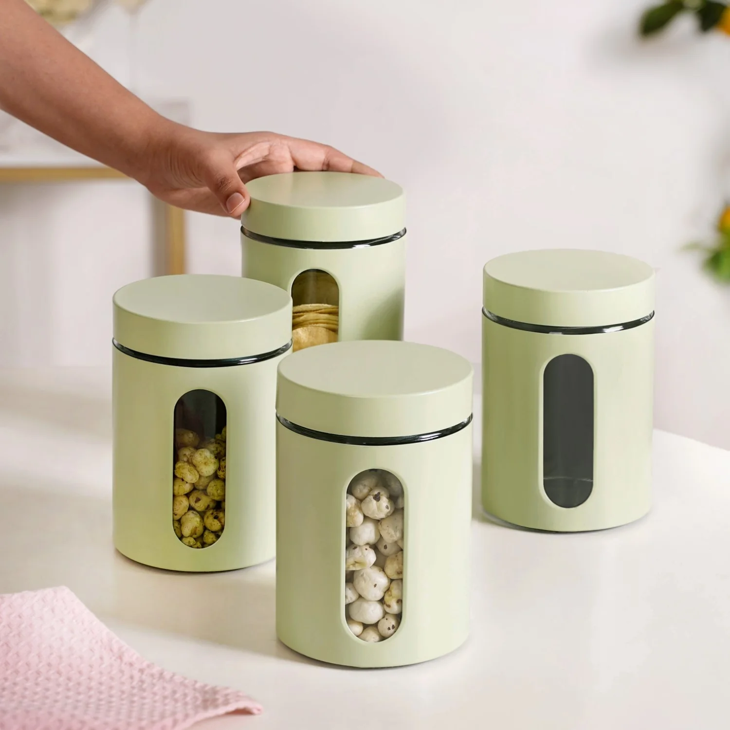 Set Of 4 Metal Canister With Glass Window Jar 1200ml - Image 2