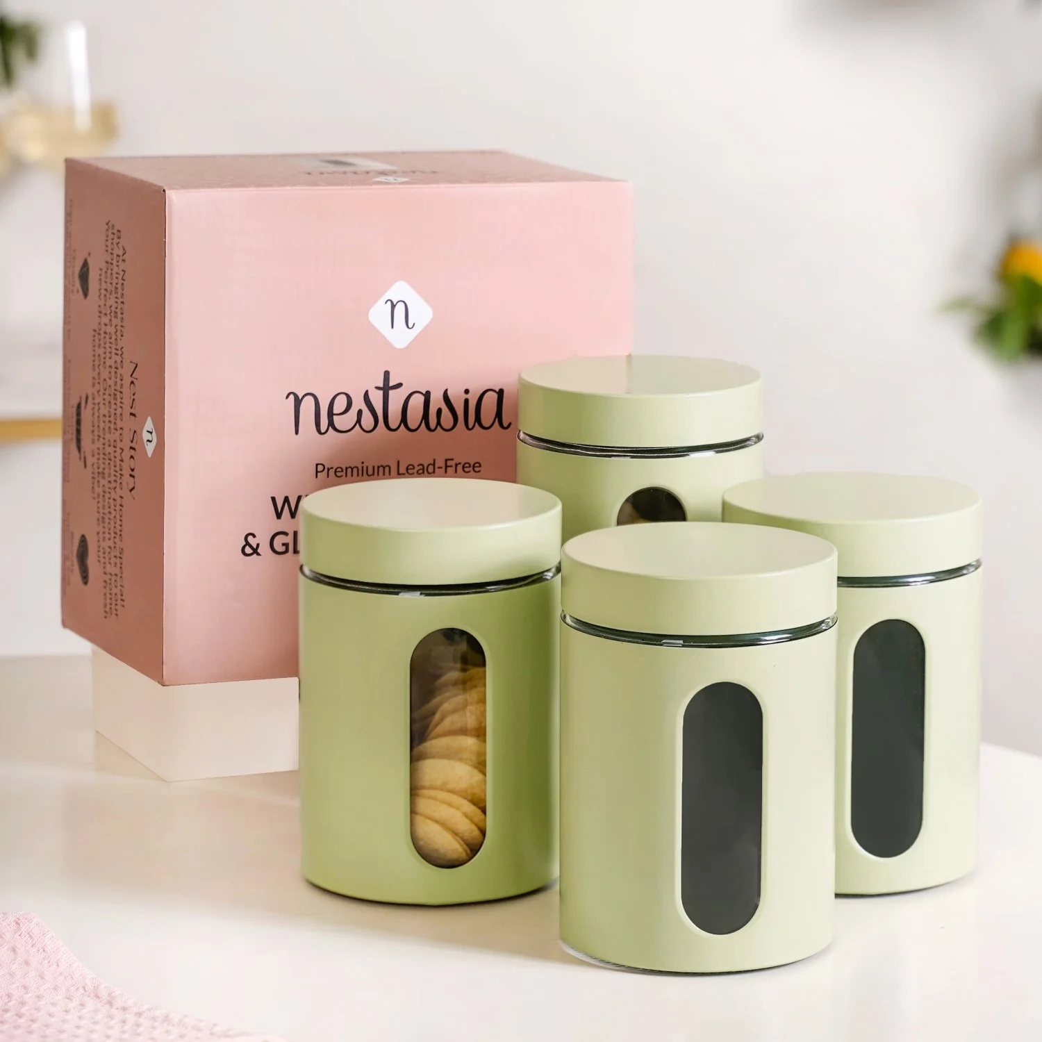 Set Of 4 Metal Canister With Glass Window Jar 1200ml - Image 9