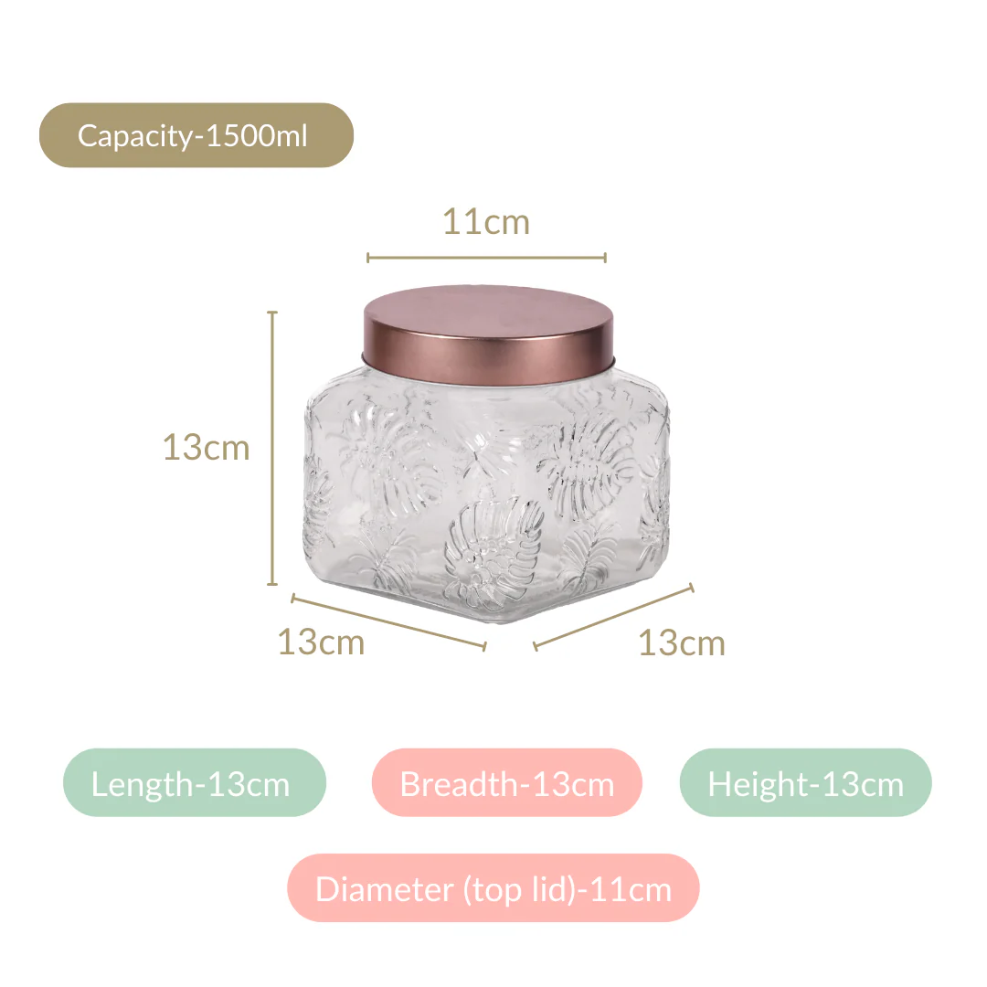 Set Of 4 Monstera Leaf Glass Jar With Rose Gold Lid 1500ml - Image 4