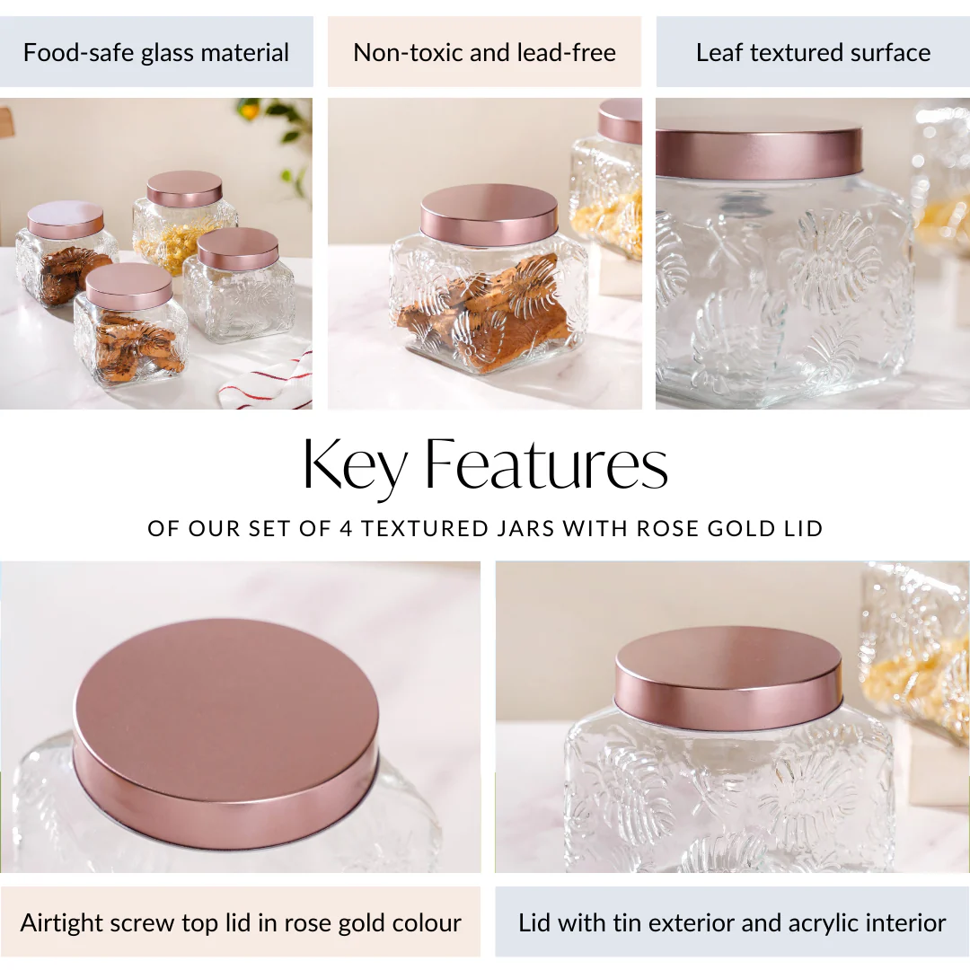Set Of 4 Monstera Leaf Glass Jar With Rose Gold Lid 1500ml - Image 5