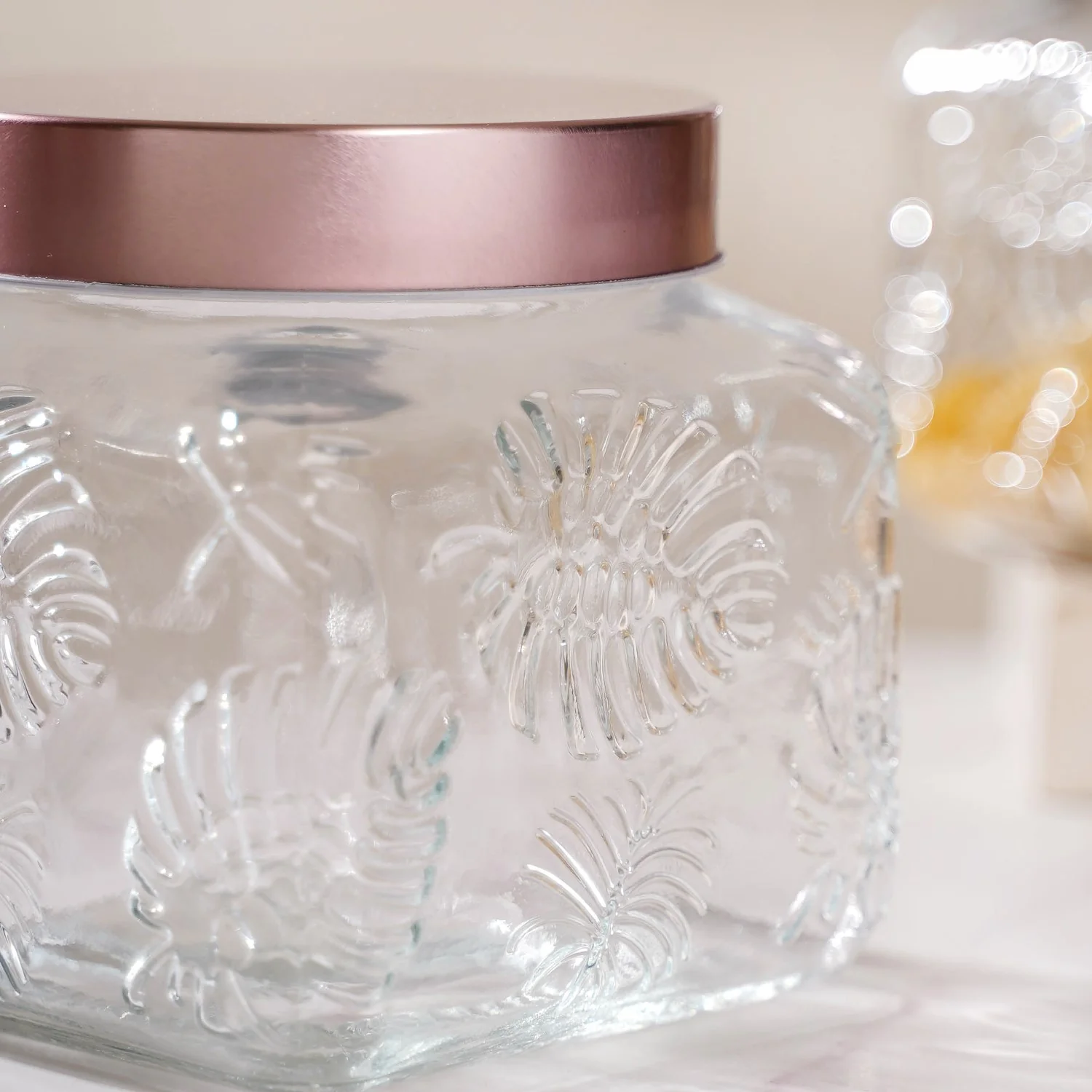 Set Of 4 Monstera Leaf Glass Jar With Rose Gold Lid 1500ml - Image 6