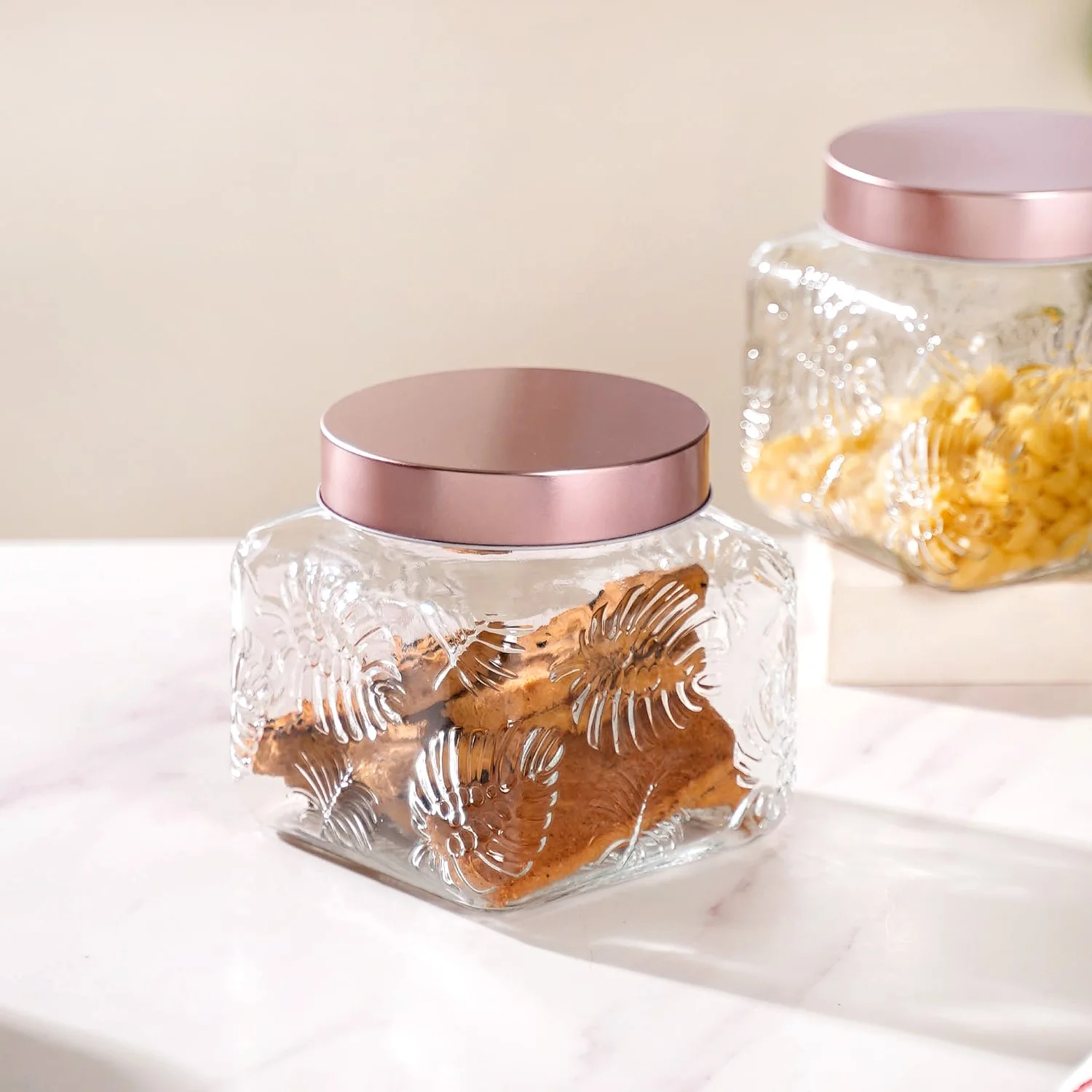 Set Of 4 Monstera Leaf Glass Jar With Rose Gold Lid 1500ml - Image 9