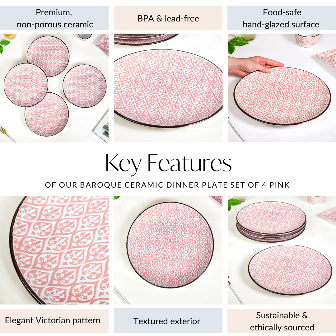 Set Of 4 Pink Baroque Ceramic Dinner Plate 11 Inch - Image 5
