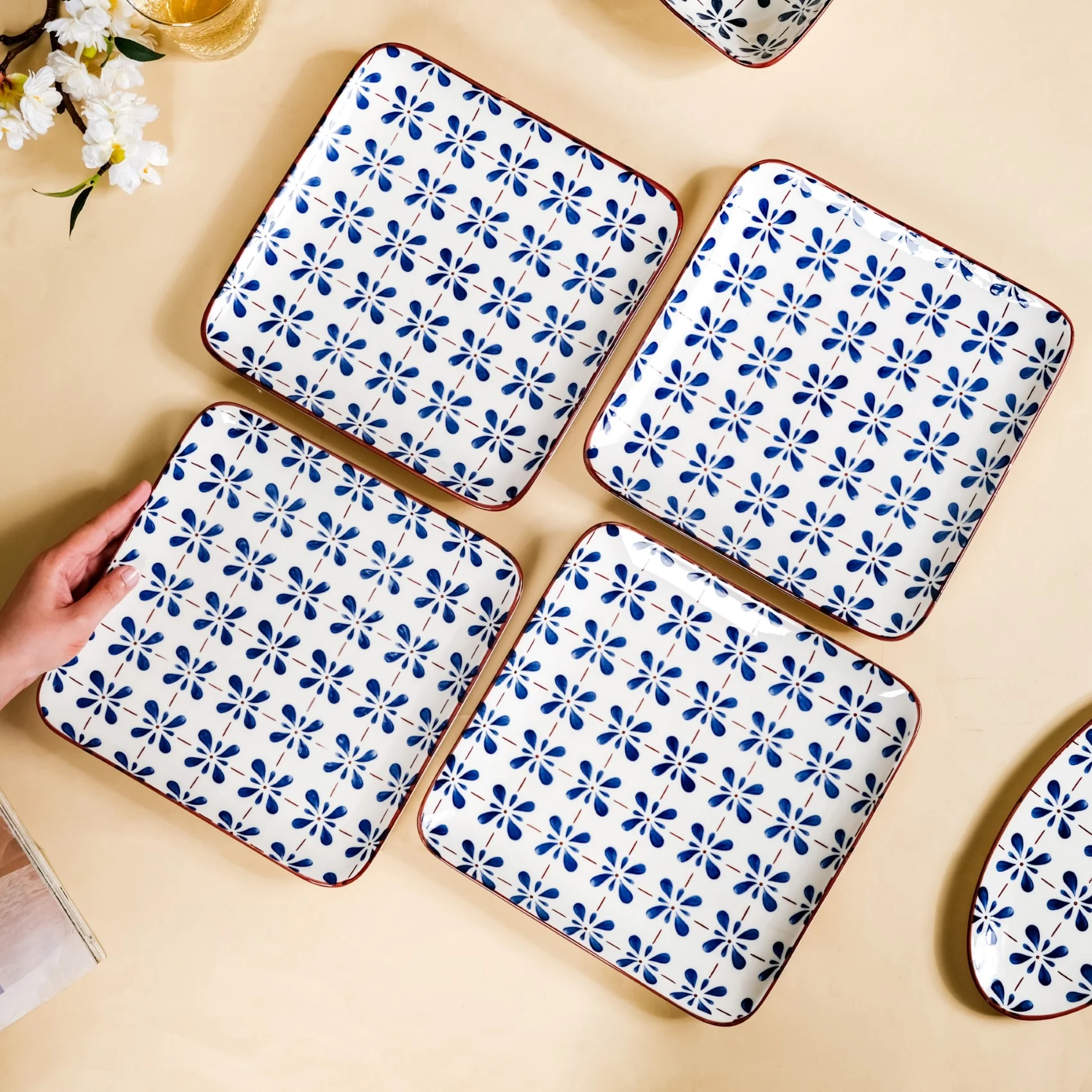 Set Of 4 Square Dinner Plates Blue Flower Design 9 Inch - Image 2
