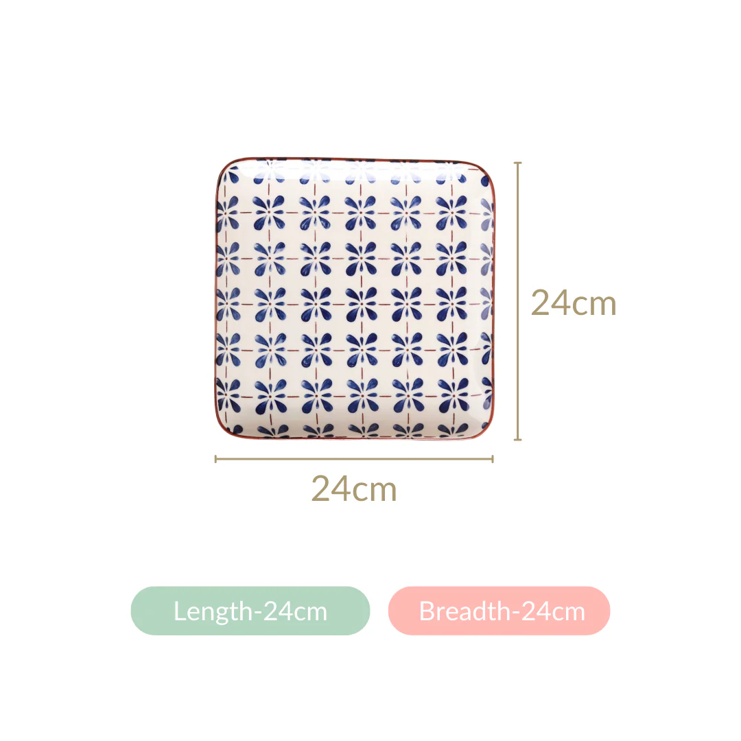 Set Of 4 Square Dinner Plates Blue Flower Design 9 Inch - Image 6
