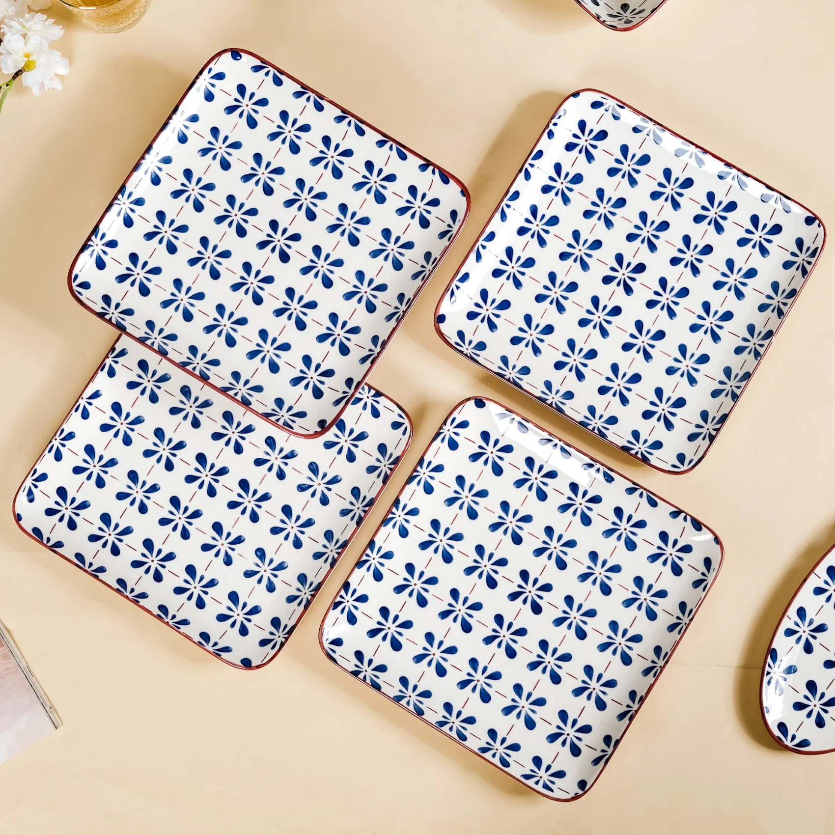 Set Of 4 Square Dinner Plates Blue Flower Design 9 Inch - Image 8