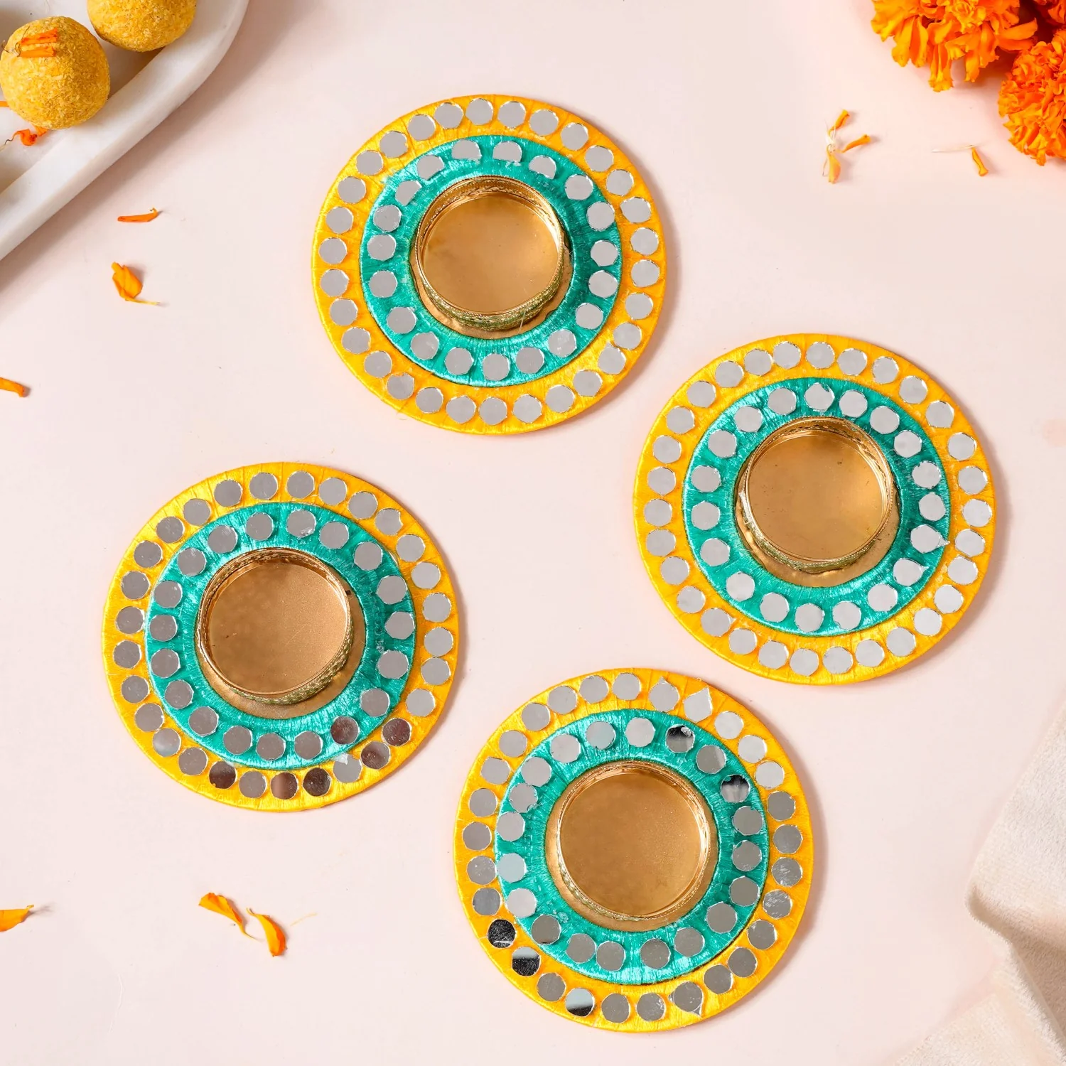 Set Of 4 Tea Light Holders With Mirrorwork - Image 2