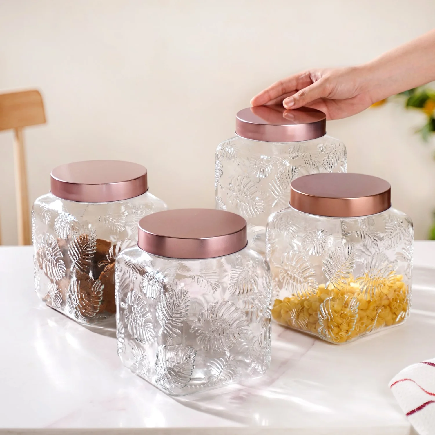 Set Of 4 Tropical Leaf Glass Airtight Jars With Lid 2 L - Image 2