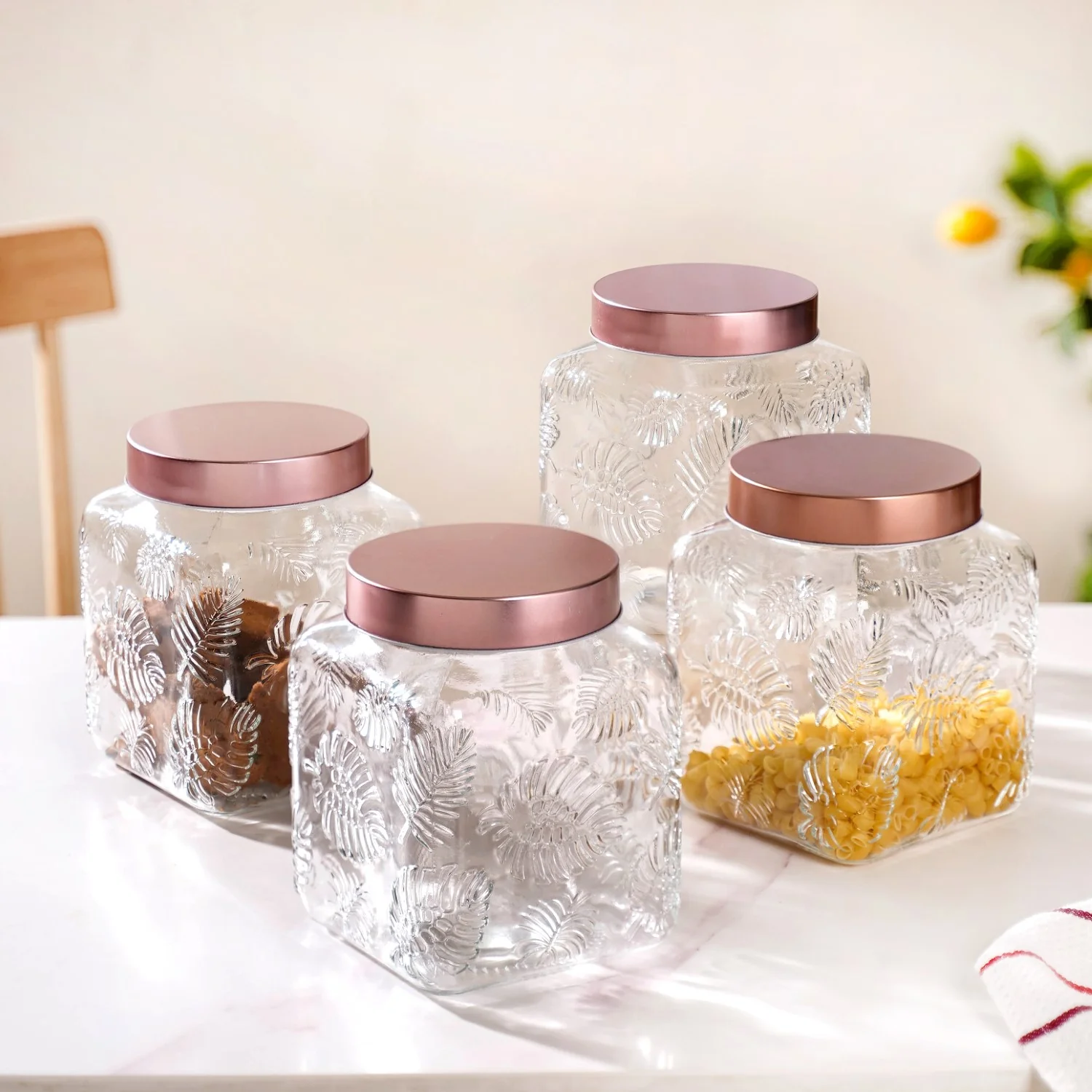 Set Of 4 Tropical Leaf Glass Airtight Jars With Lid 2 L - Image 3