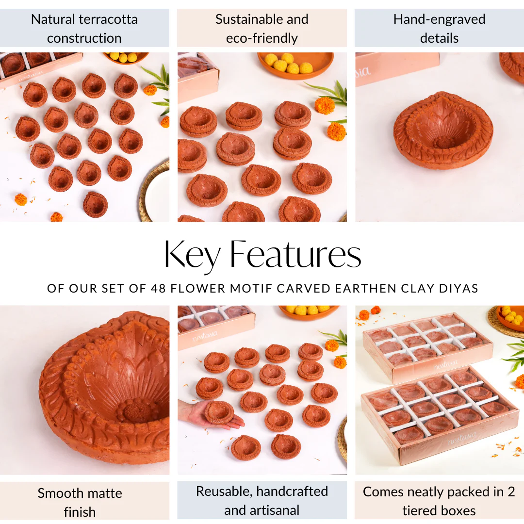 Set Of 48 Flower Motif Carved Earthen Clay Diyas - Image 5