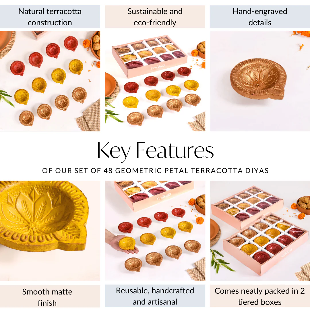 Set Of 48 Geometric Petal Terracotta Diyas - Image 5