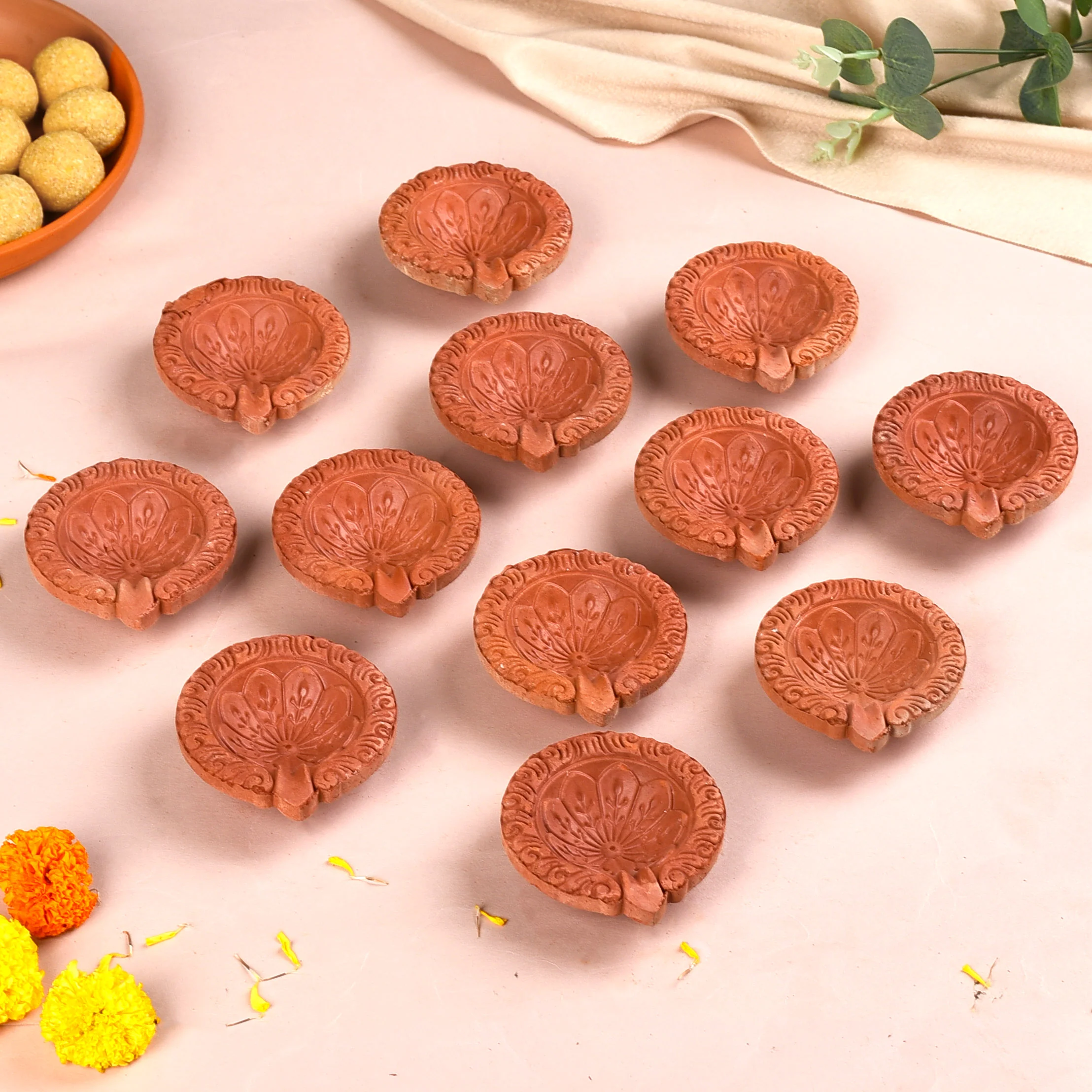Set Of 48 Sustainable Engraved Terracotta Diyas - Image 2