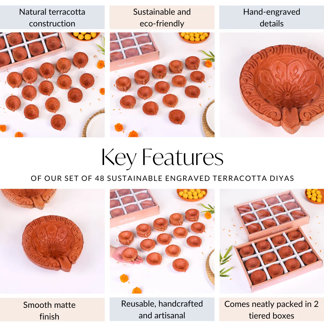Set Of 48 Sustainable Engraved Terracotta Diyas - Image 5