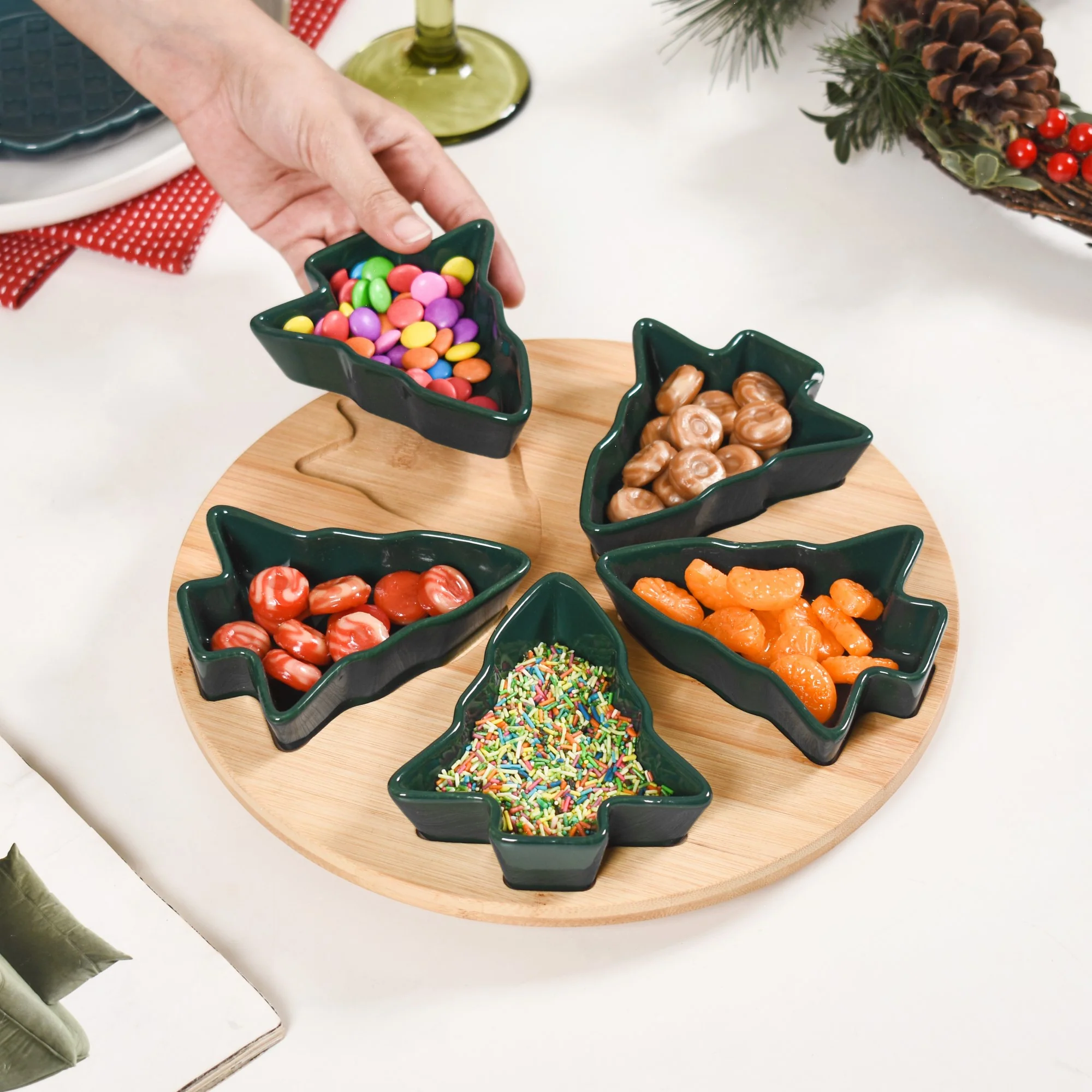 Set Of 5 Tree Snack Bowls With Wooden Rotating Tray 100ml - Image 2